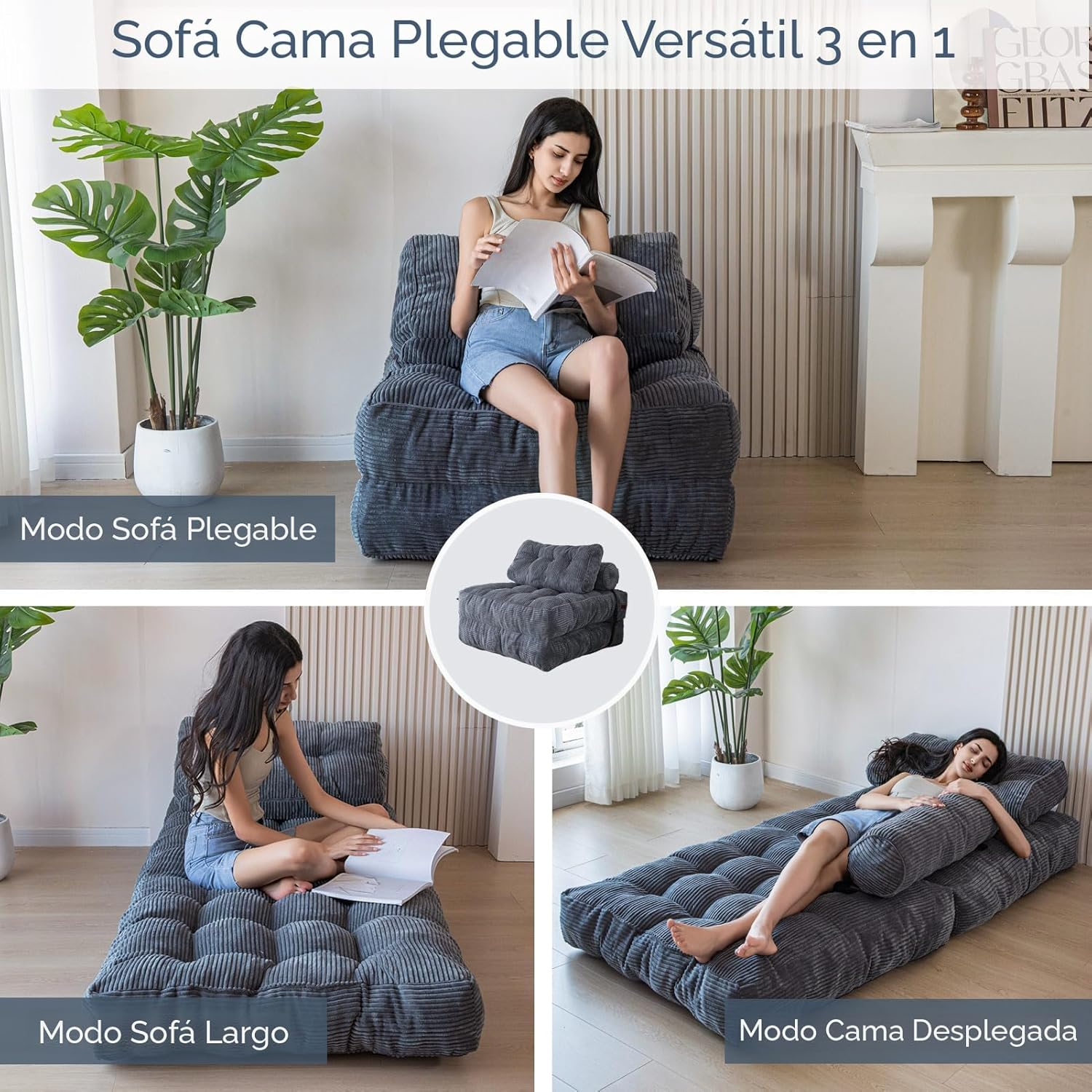 Silla Sofá Cama 155x81cm Puff Plegable Acolchada Hogar-2