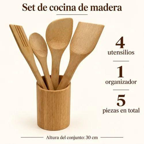 Set 4 Utensilios de Cocina con Organizador Madera-2