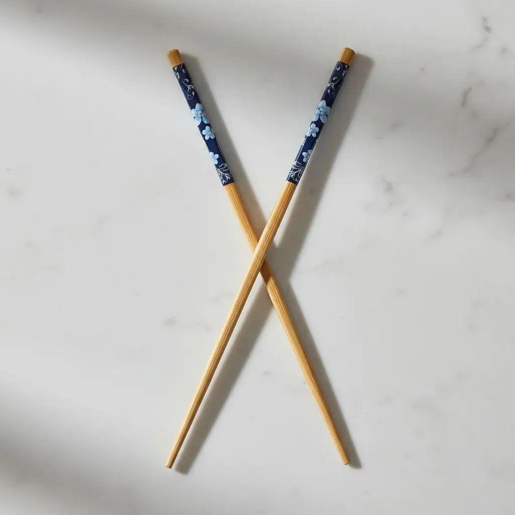 Set 4 Pares de Palillos Chinos Baoma de Madera 24 cm Azul Floreado-0