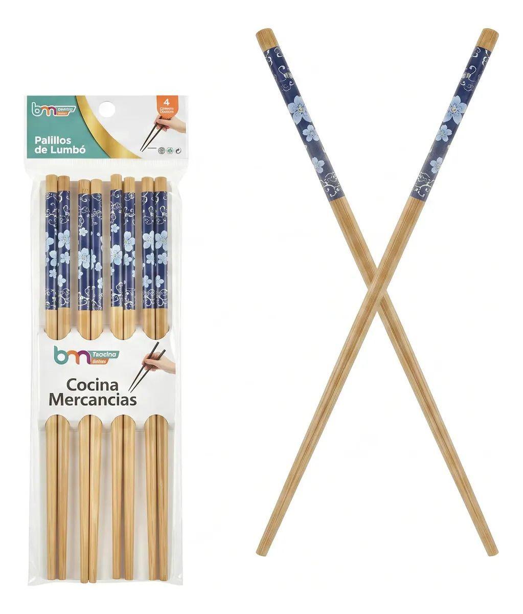 Set 4 Pares de Palillos Chinos Baoma de Madera 24 cm Azul Floreado-1