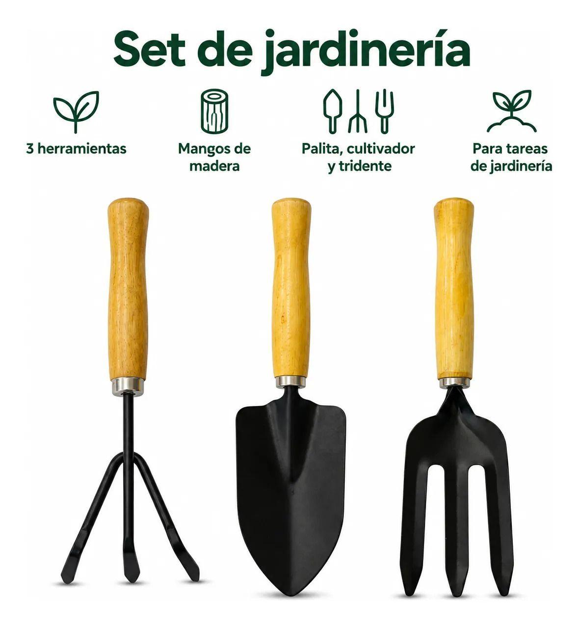Set 3 Herramientas de Jardineria con Mangos de Madera 25 cm-2