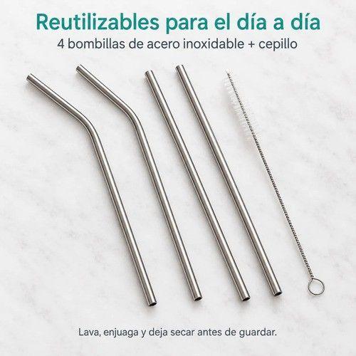 Set 4 Bombillas Acero Inoxidable Reutilizables con Cepillo-2