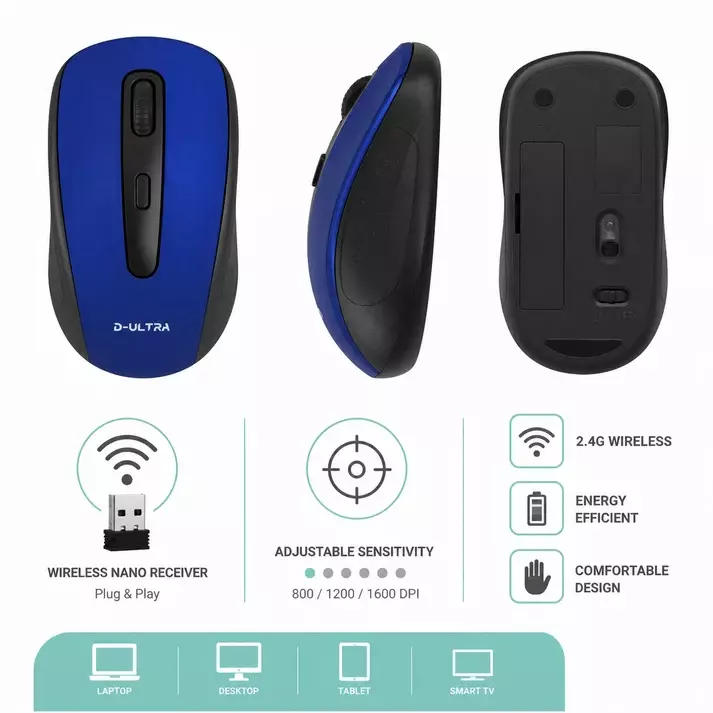 Mouse Inalambrico Ergonomico 1600 DPI Azul con Receptor USB-5