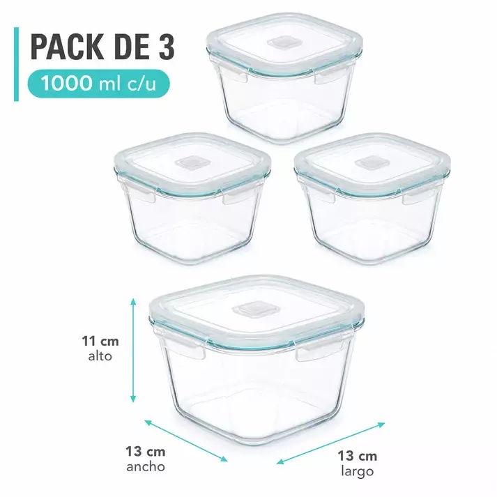Pack 3 Herm ticos de Vidrio Cuadrados 1000 ml-1