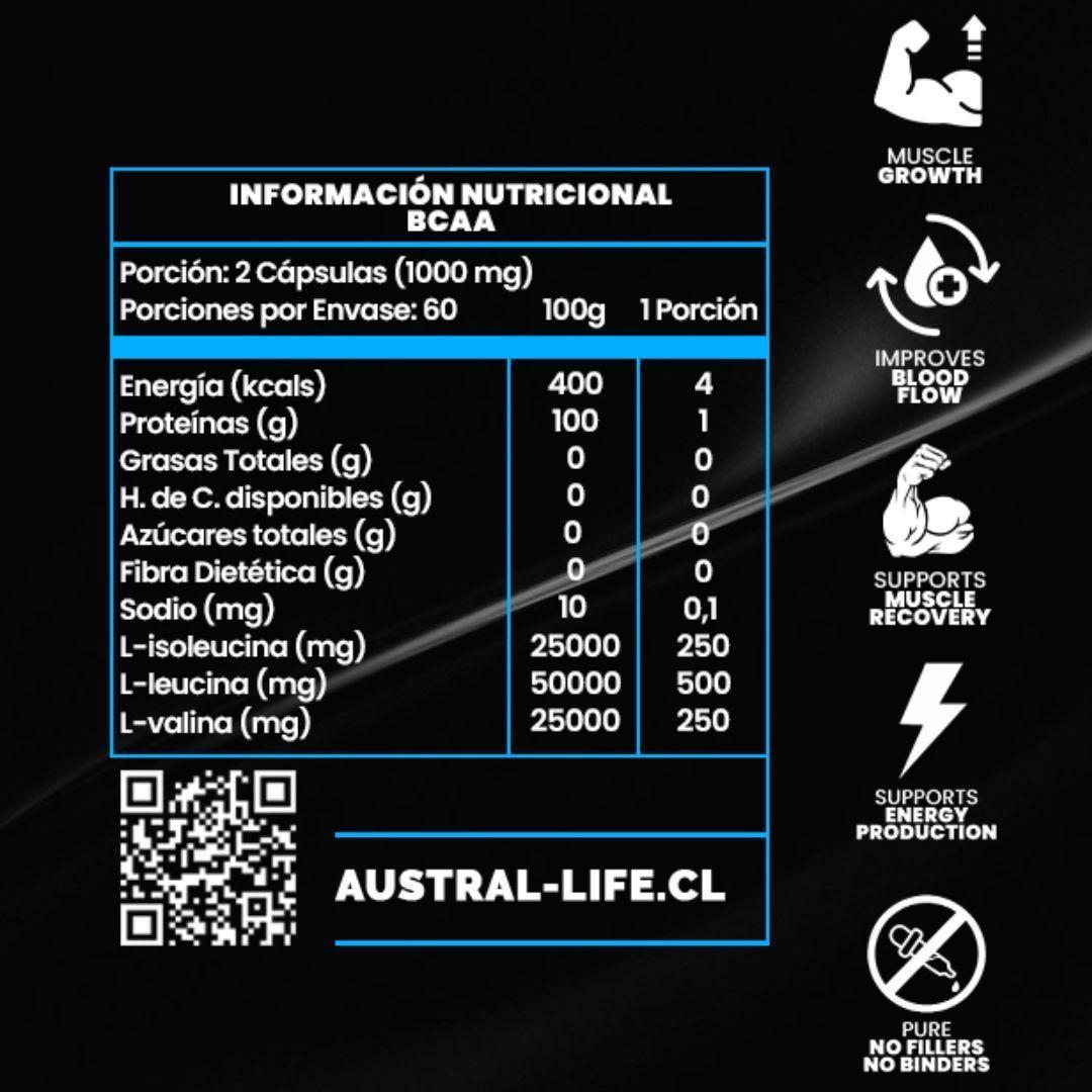 Aminoacidos BCAAs 2 1 1 120 Capsulas Austral Life-3