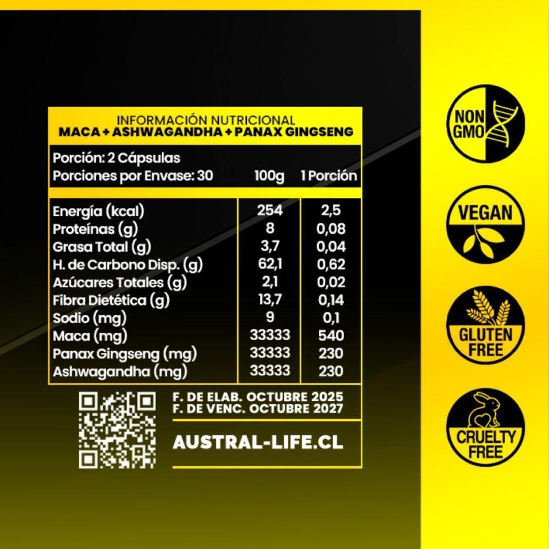 Maca Ashwagandha Panax Ginseng 120 Cápsulas Austral Life-1