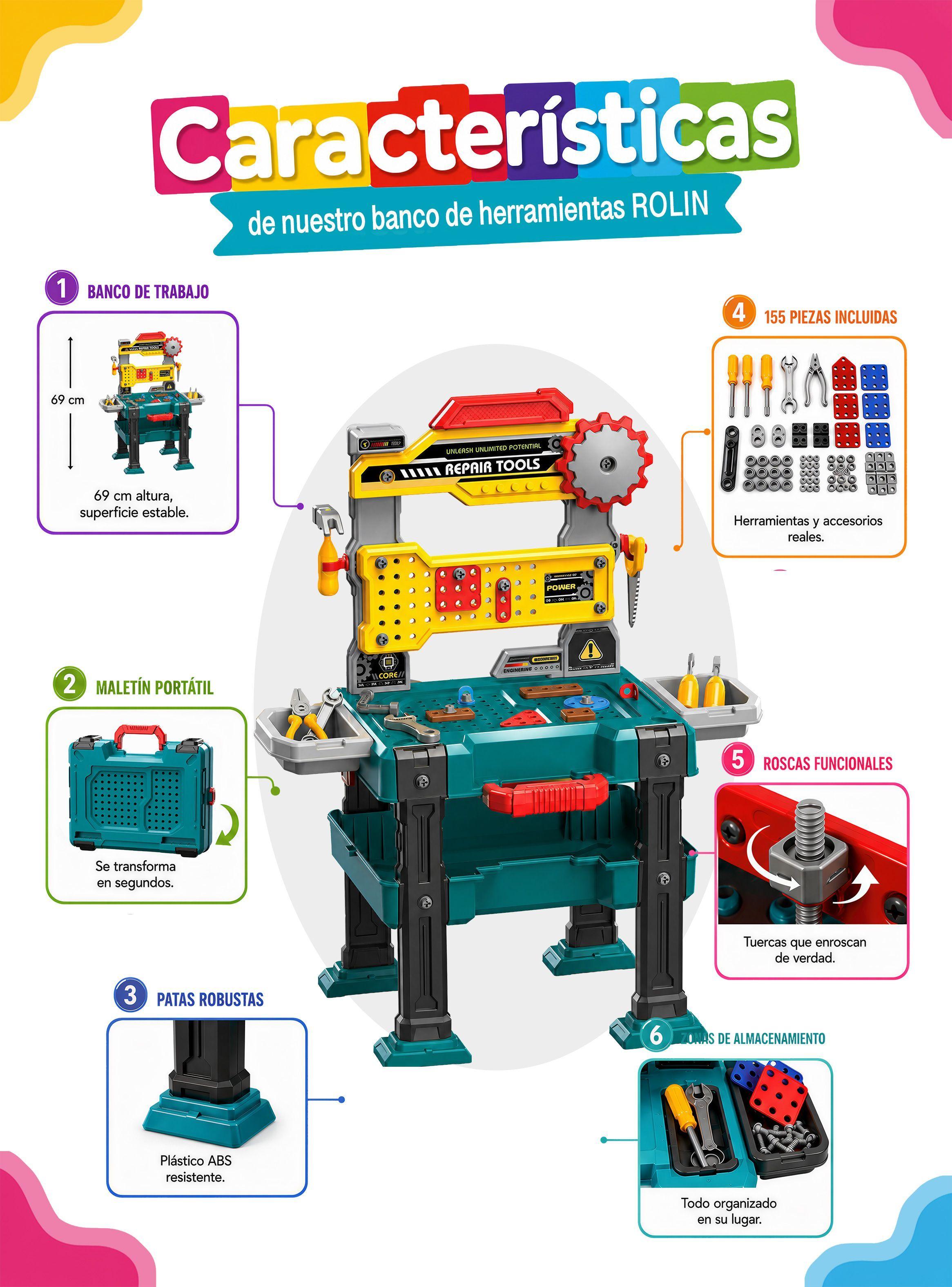 Juego Banco Herramientas Rolin 155 Piezas Con Taladro Electrico Y Maletin Juguete-4