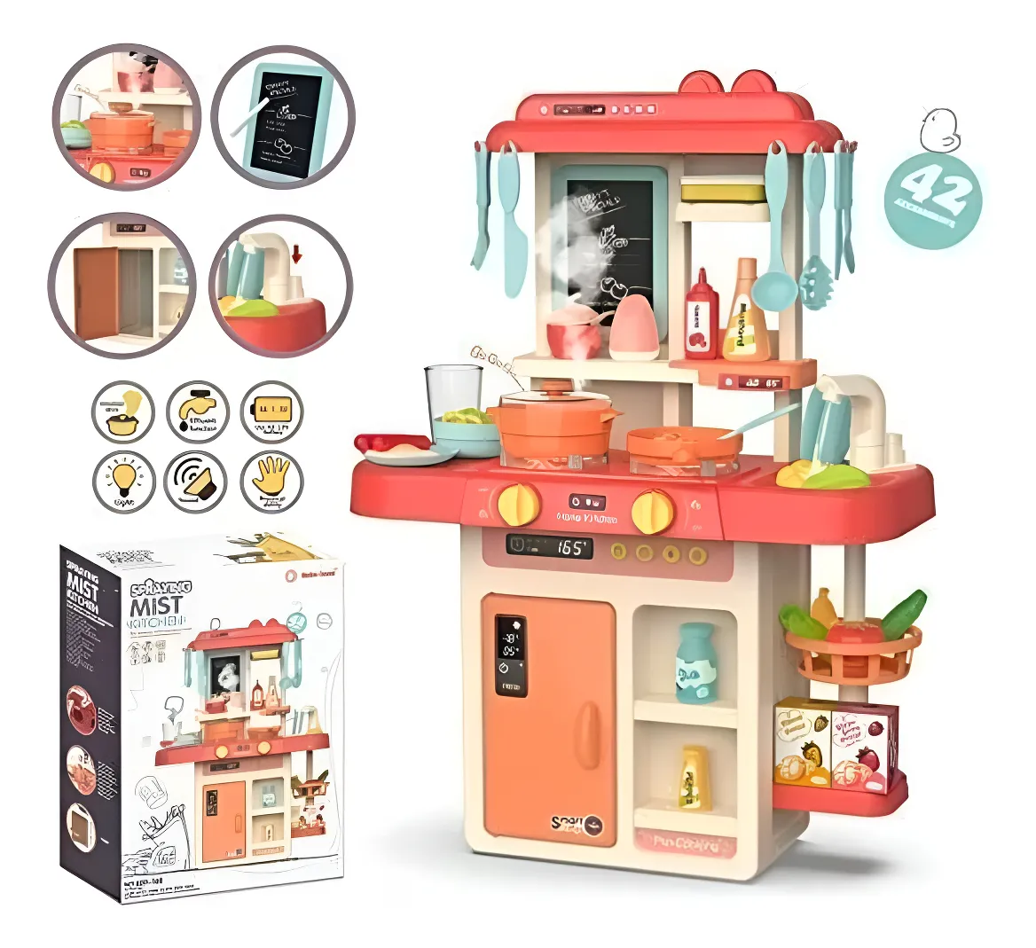 Cocina Juguete 63cm 42 Piezas Luz Sonido Vapor Rosa-0