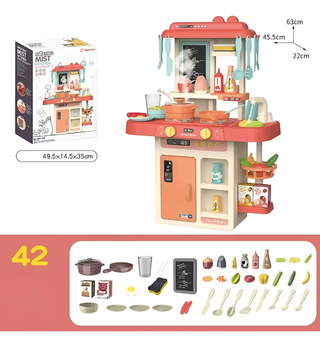 Cocina Juguete 63cm 42 Piezas Luz Sonido Vapor Rosa-5