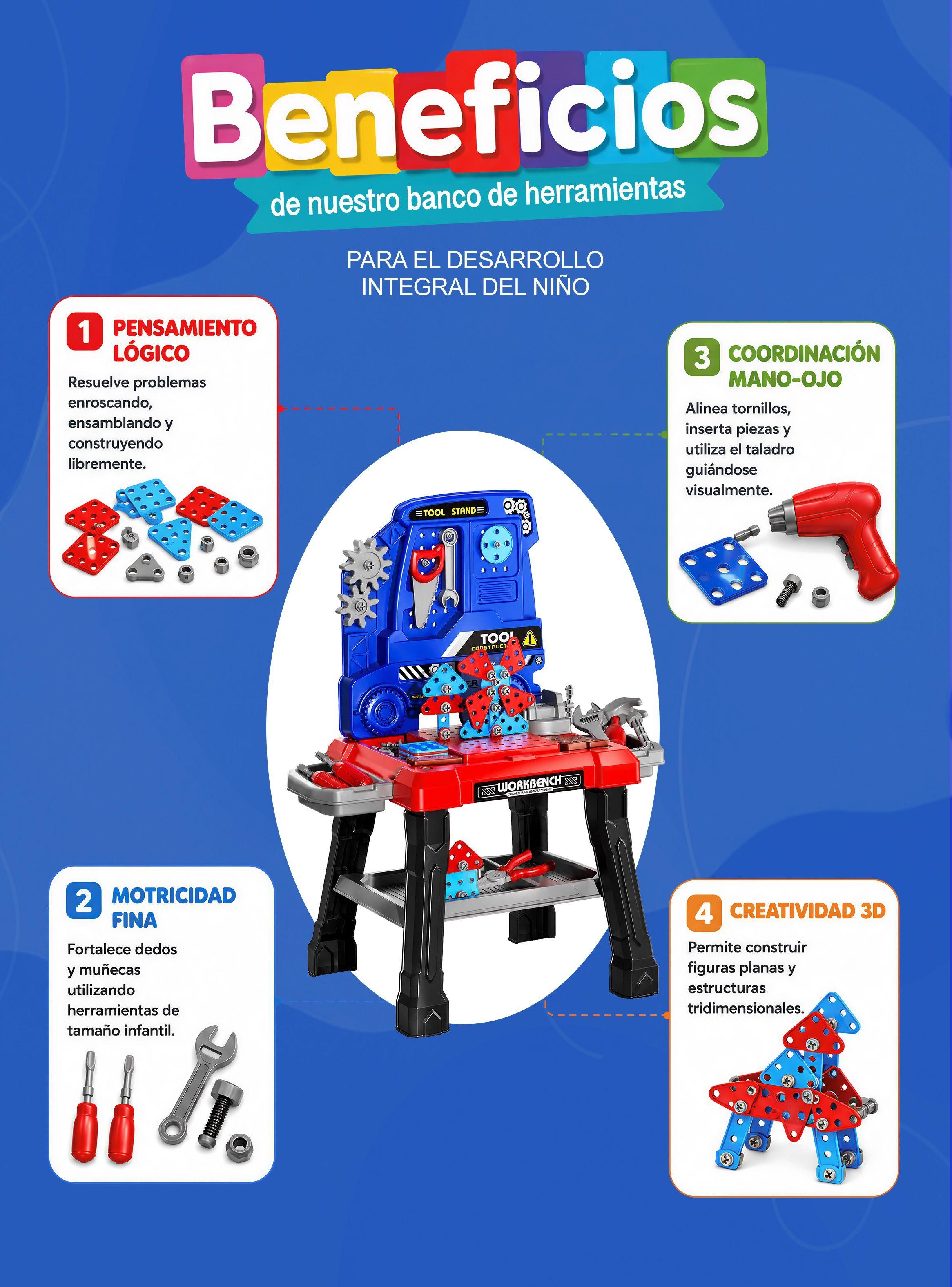 Juego Banco Herramientas Rolin 144 piezas con Casco Taladro Electrico y Maletin Juguete-2