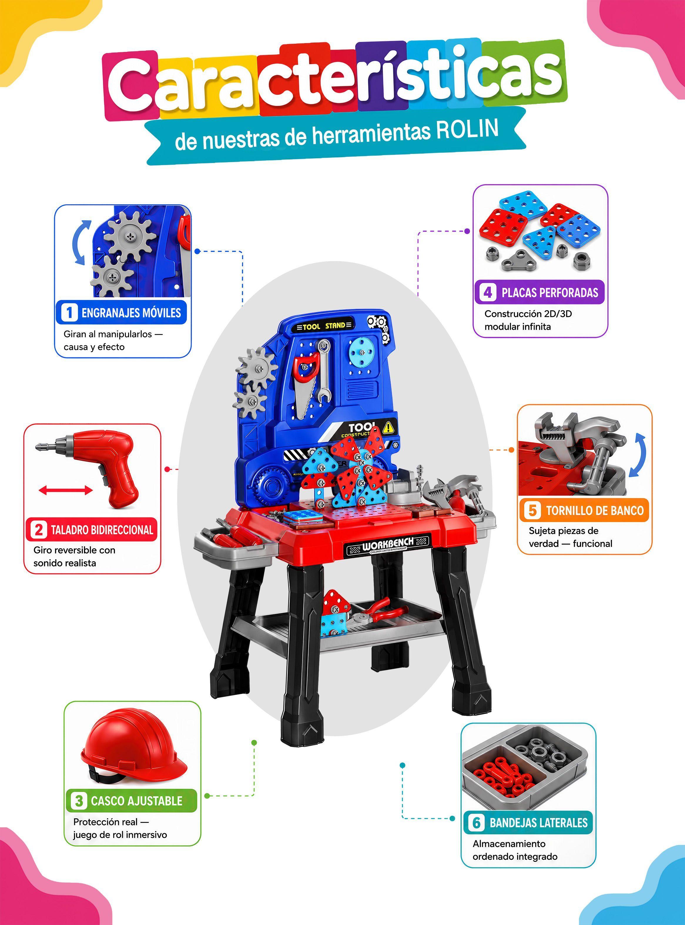 Juego Banco Herramientas Rolin 144 piezas con Casco Taladro Electrico y Maletin Juguete-3