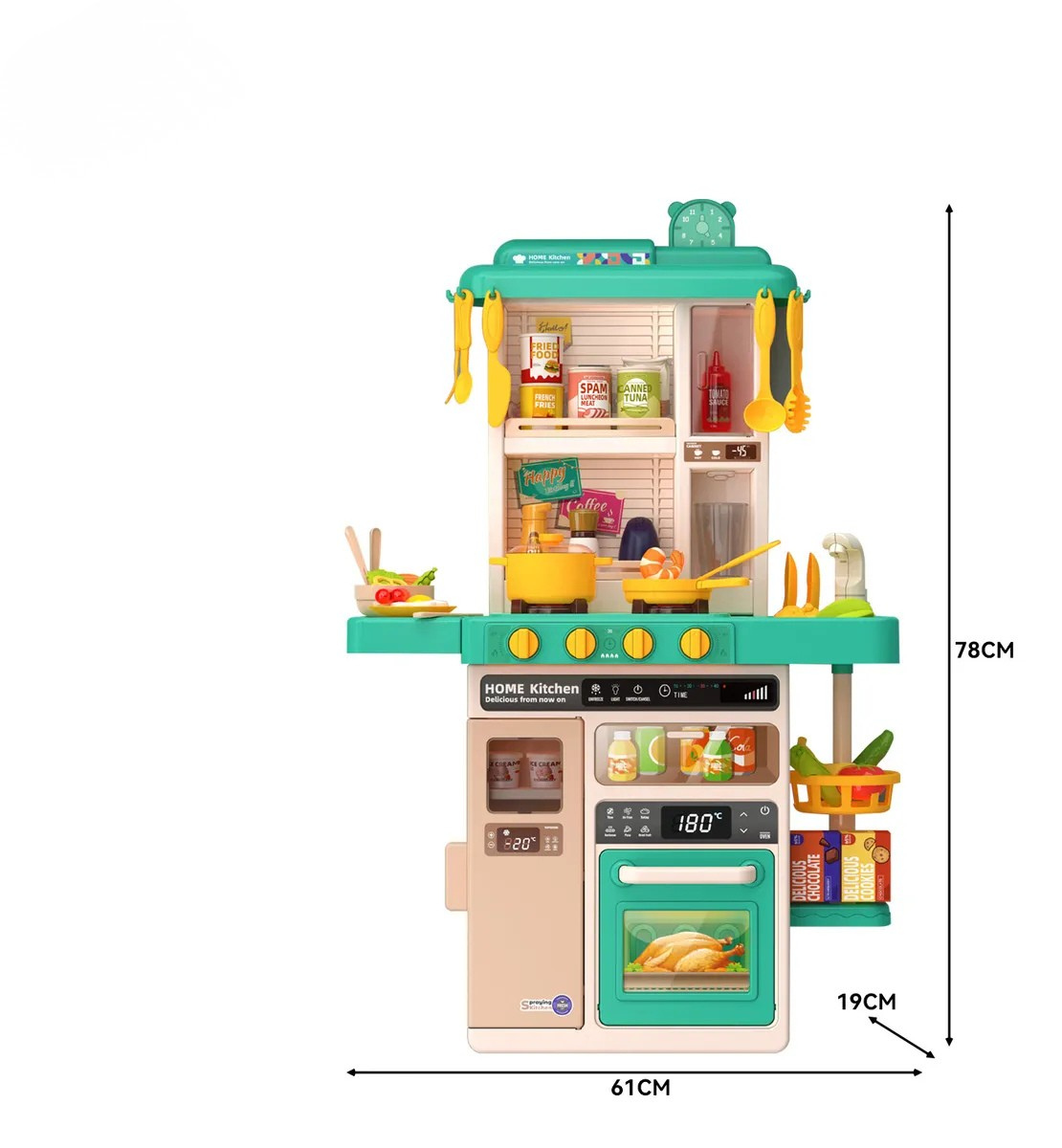 Cocina Juguete Grande 78cm 50piezas Luces Sonido Vapor Verde-3