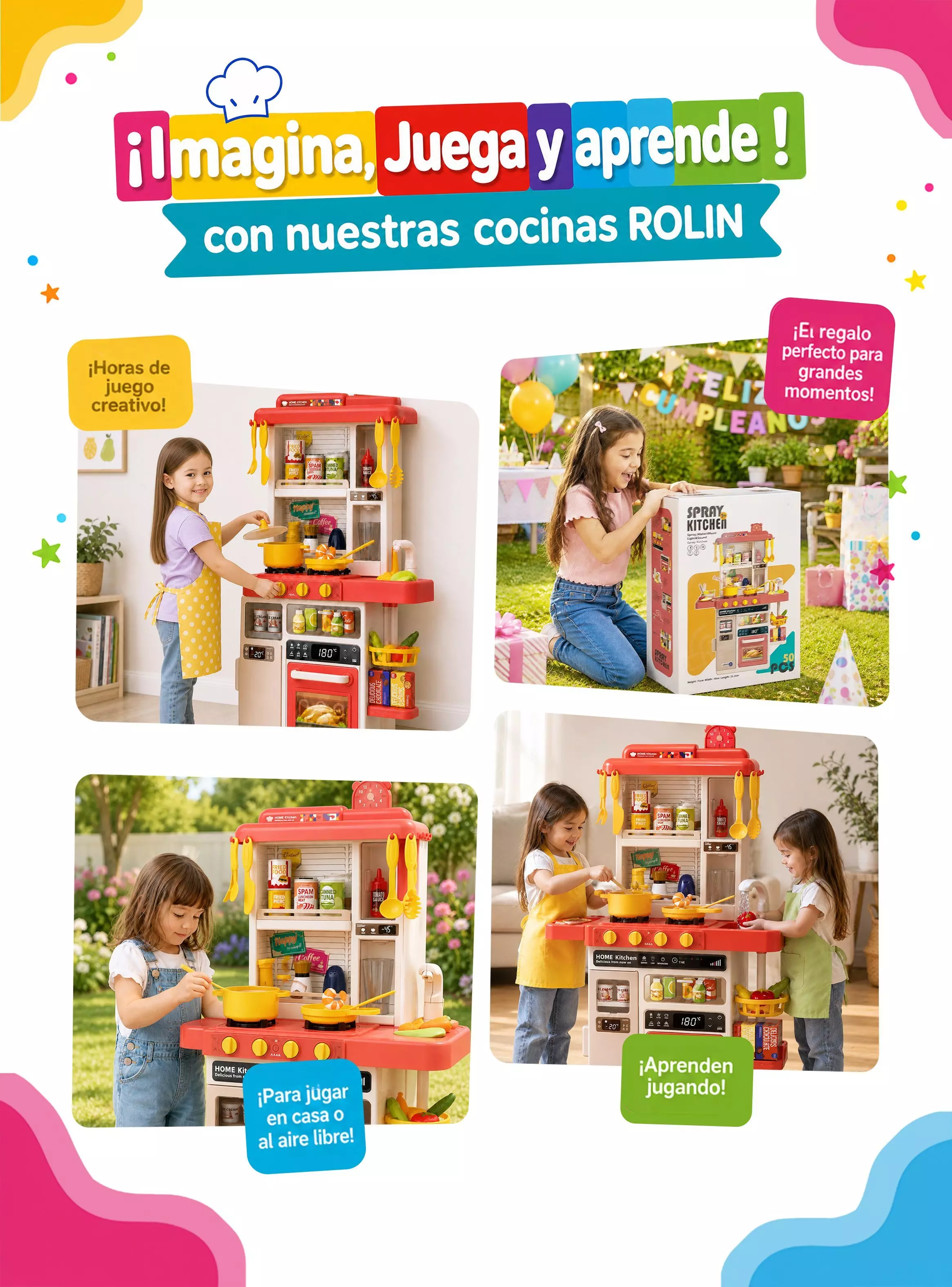 Cocina Juguete Grande 78cm 50 Piezas Luz Sonido Vapor Agua Rosa Rolin-2