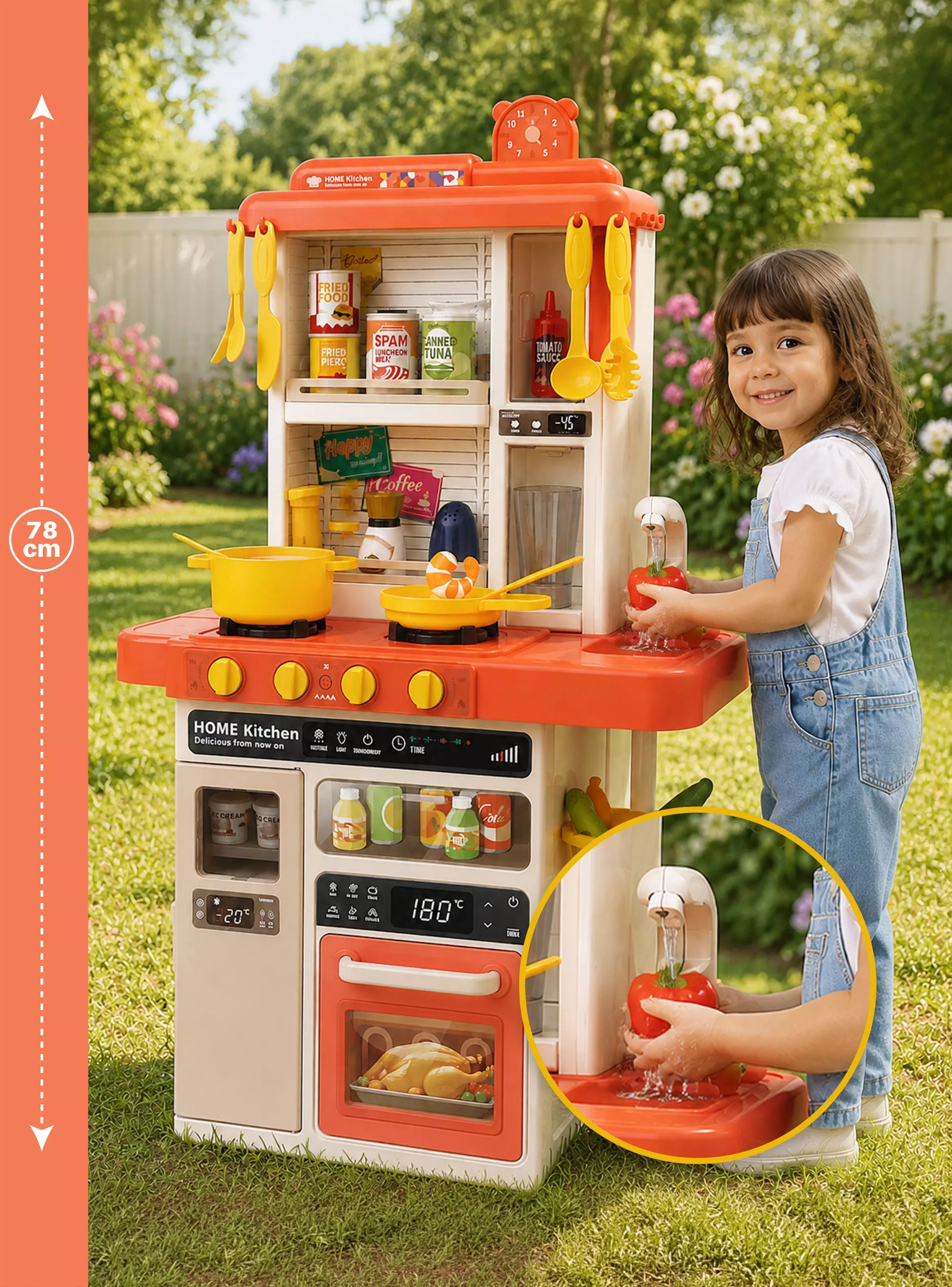 Cocina Juguete Grande 78cm 50 Piezas Luz Sonido Vapor Agua Rosa Rolin-3