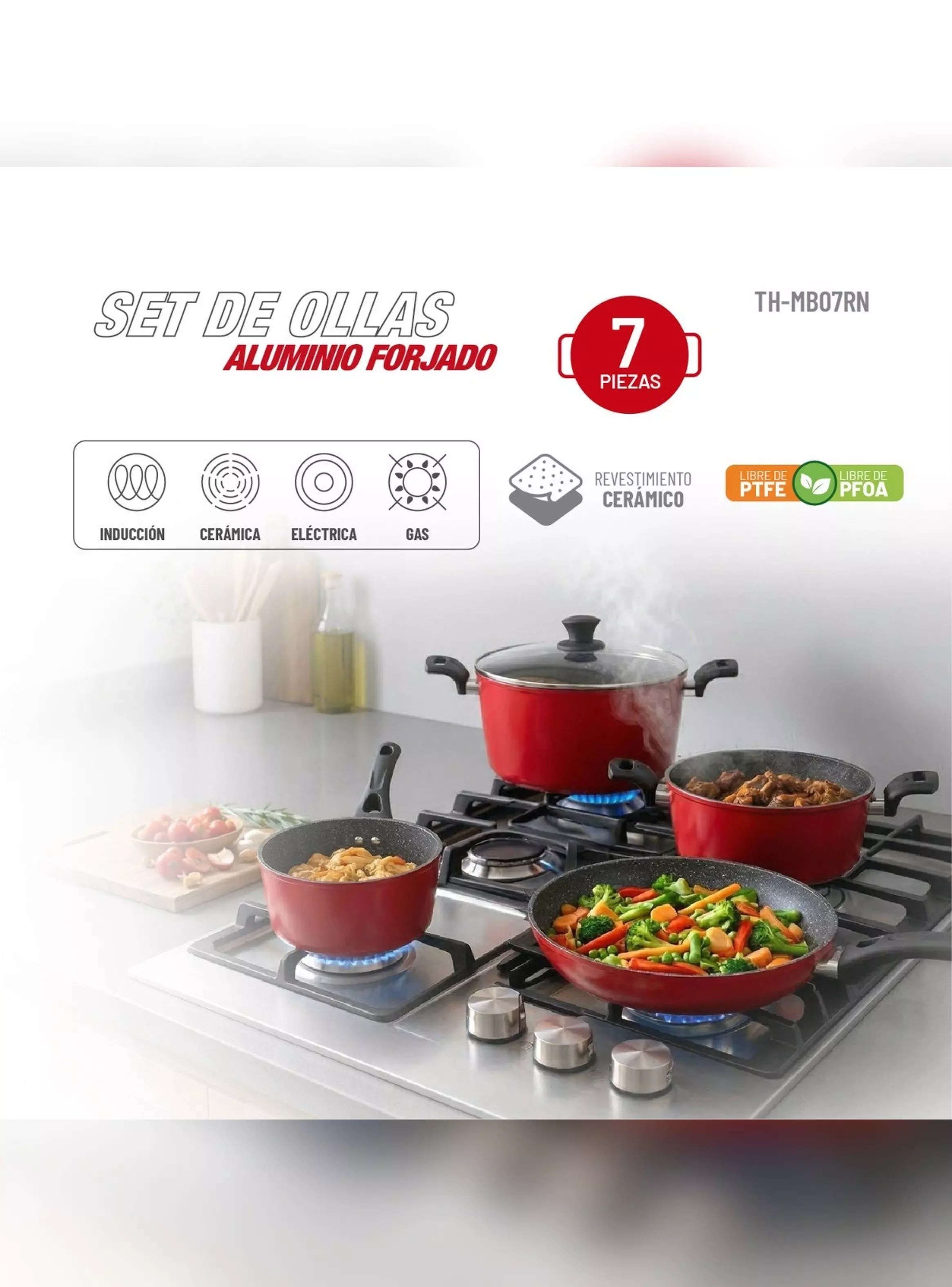 Batería Cocina Thomas TH-MB07RN 7 Piezas Ollas Sartén Rojo-5