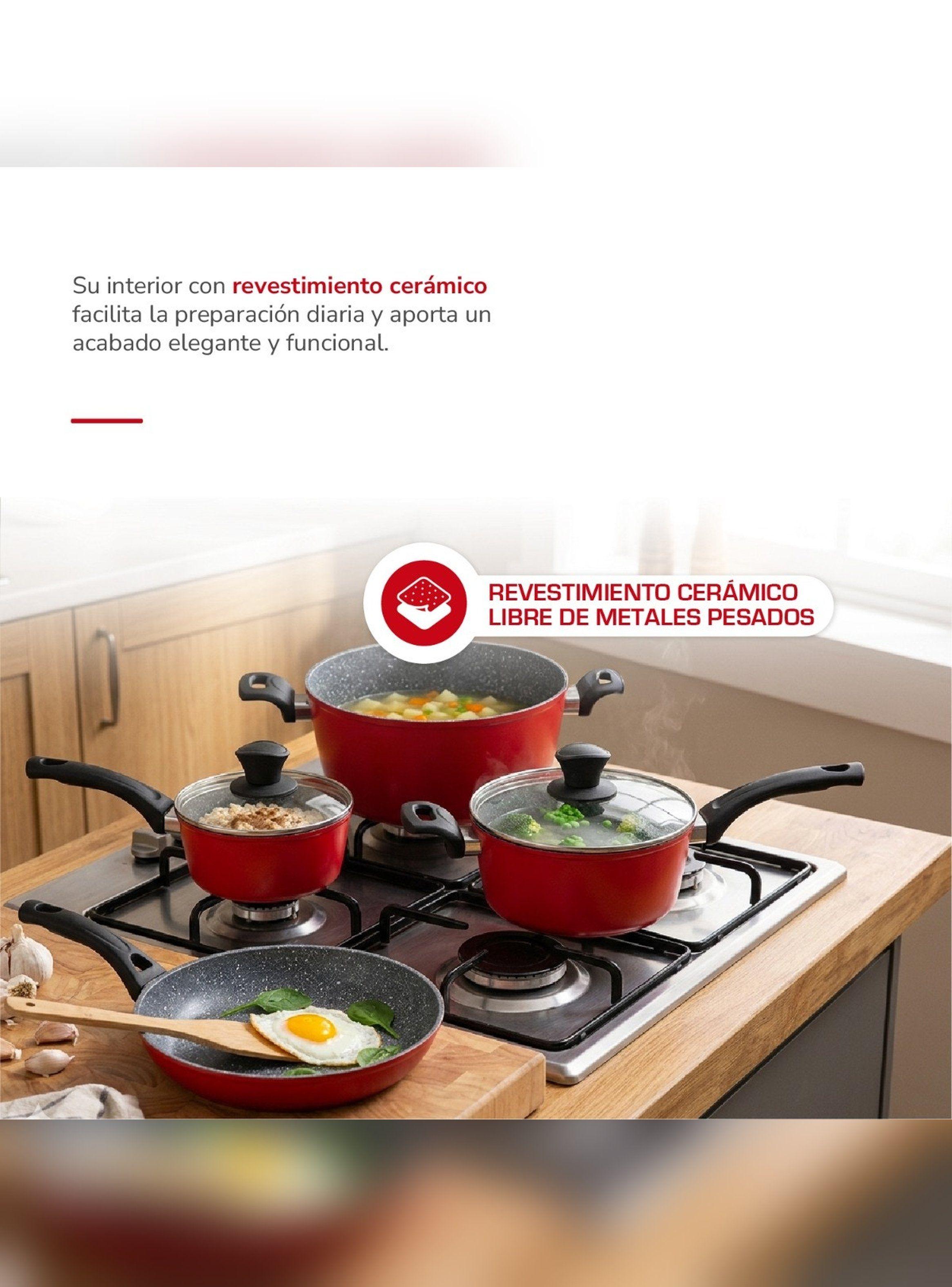 Batería Cocina Thomas TH-MB07RN 7 Piezas Ollas Sartén Rojo-6