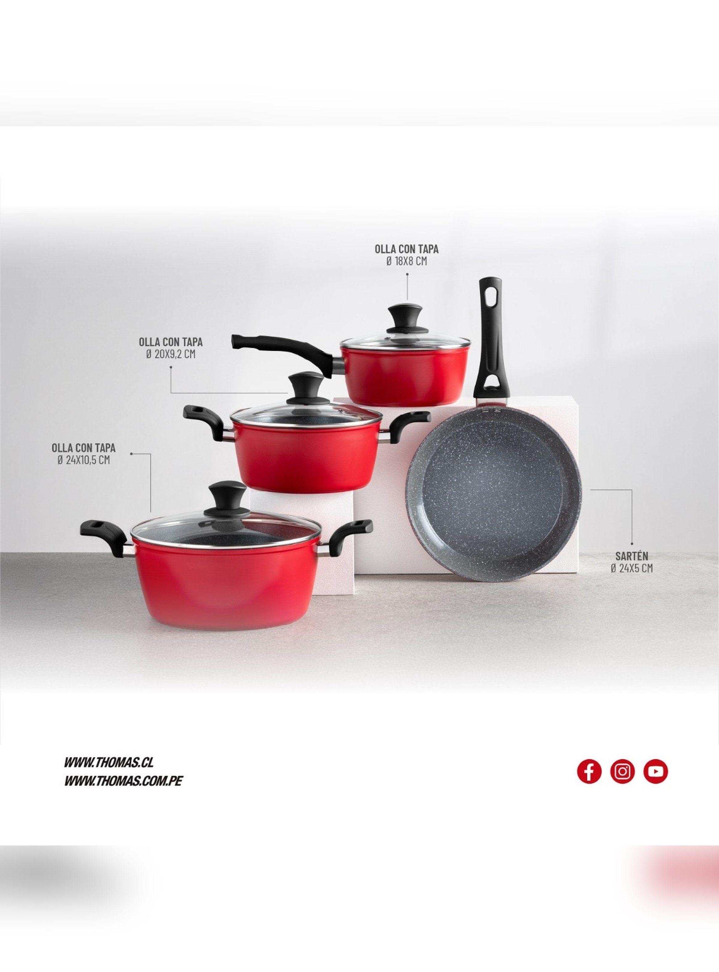 Batería Cocina Thomas TH-MB07RN 7 Piezas Ollas Sartén Rojo-9