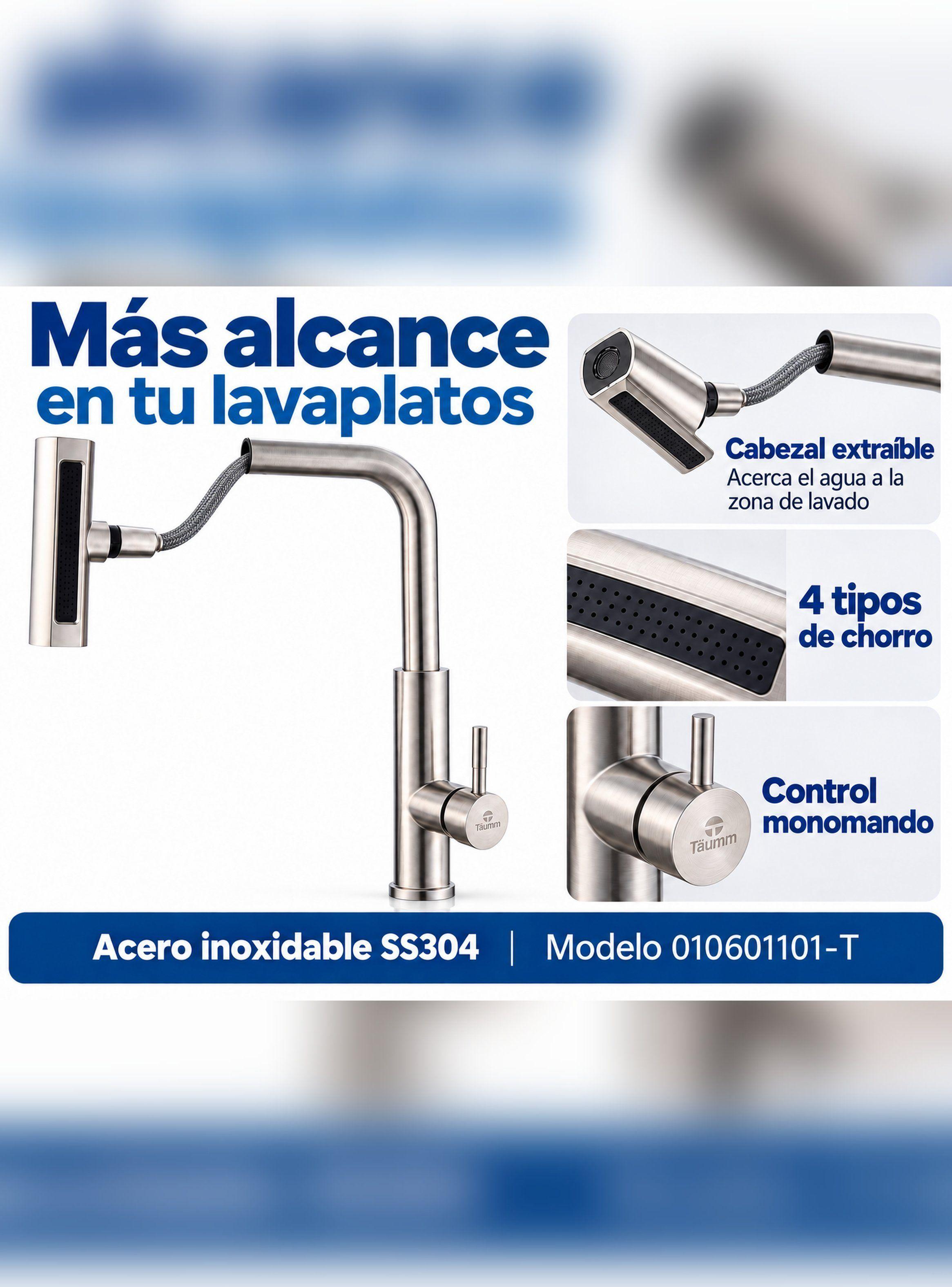 Monomando Llave Grifo Lavaplatos Extraíble 4 Chorros Täumm-4