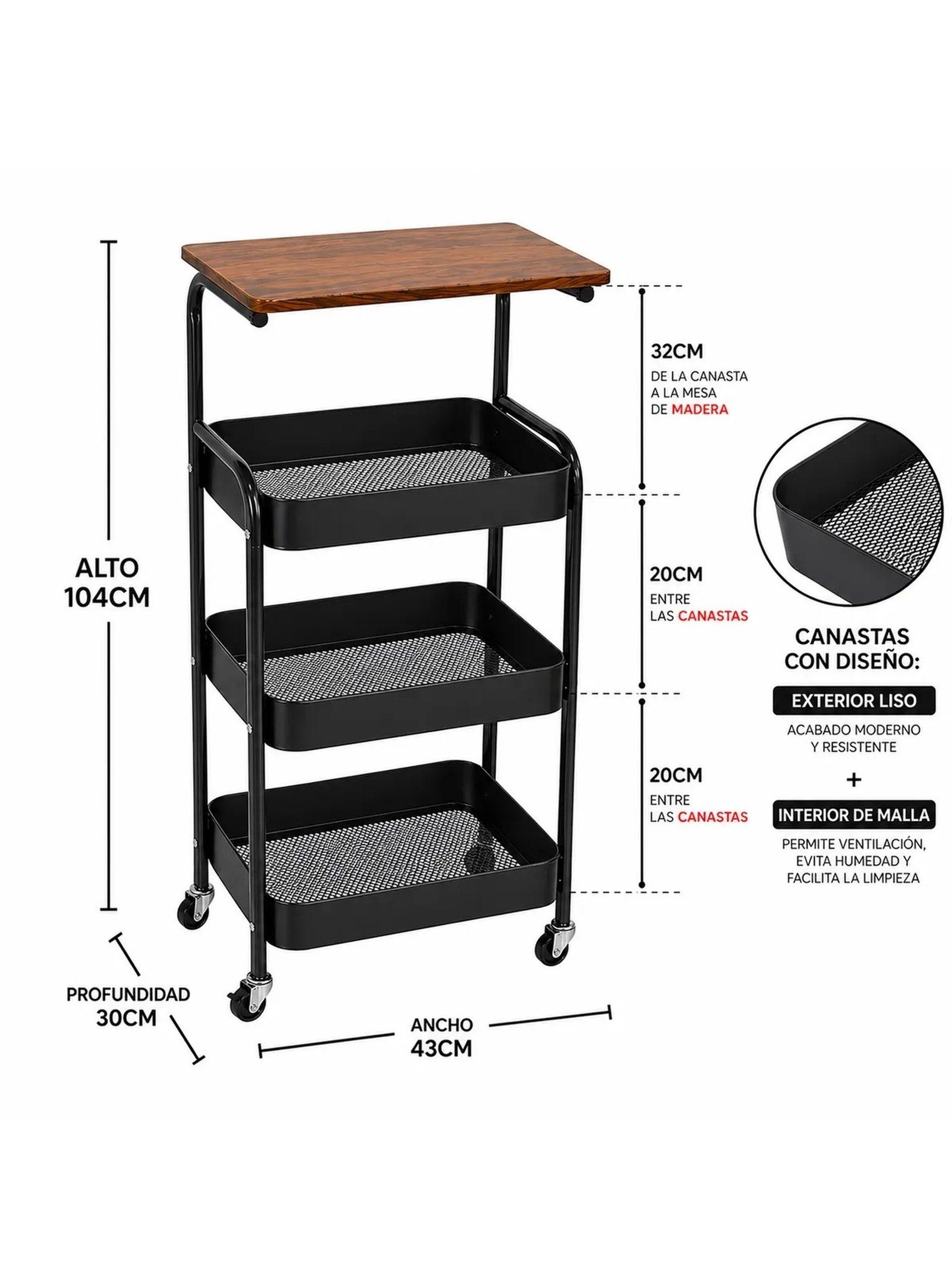 Carrito Organizador Metálico 4 Niveles con Repisa de Madera-6