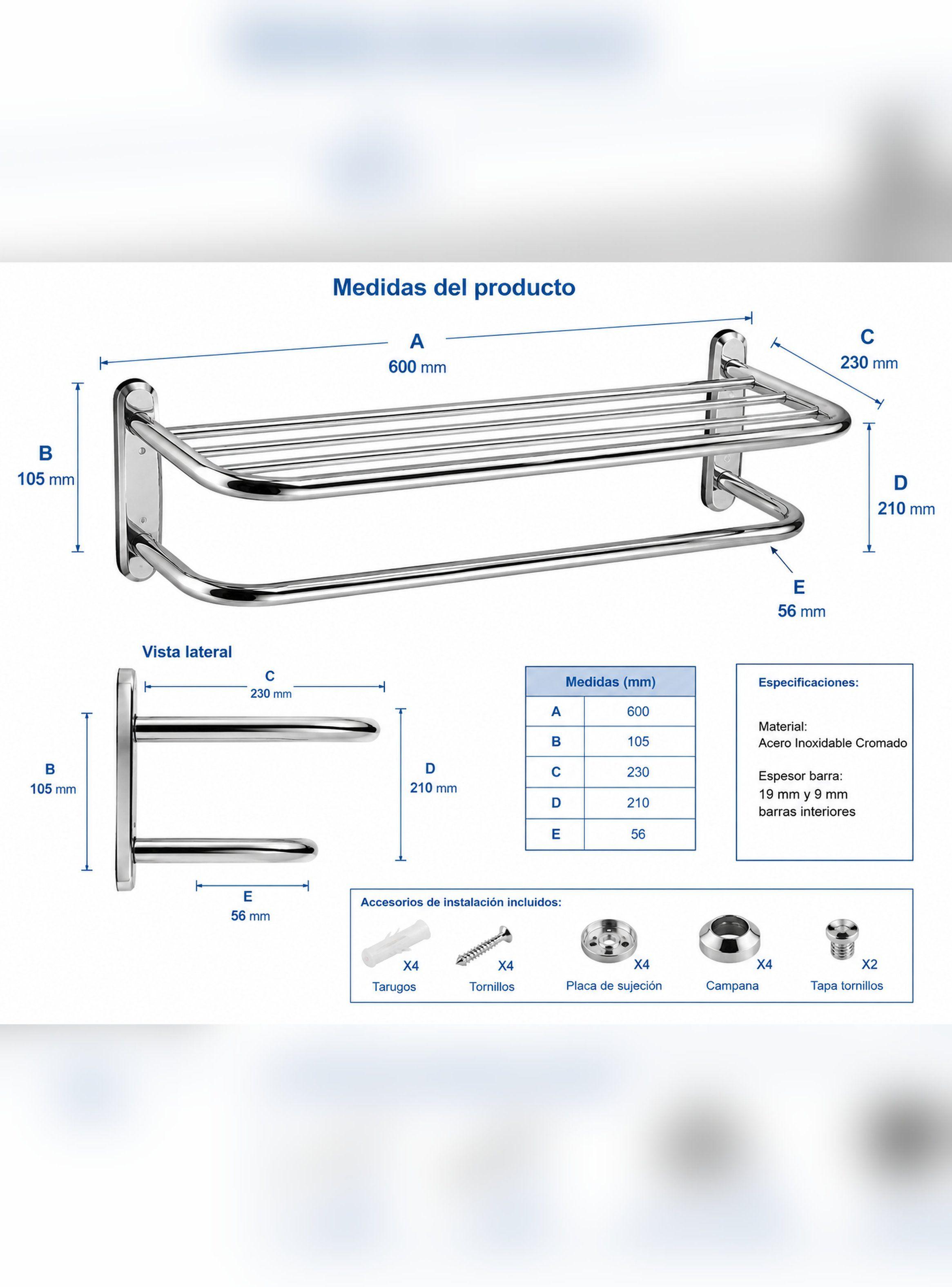 Toallero Repisa Acero Inoxidable Con 4 Barras Marca Taumm-7