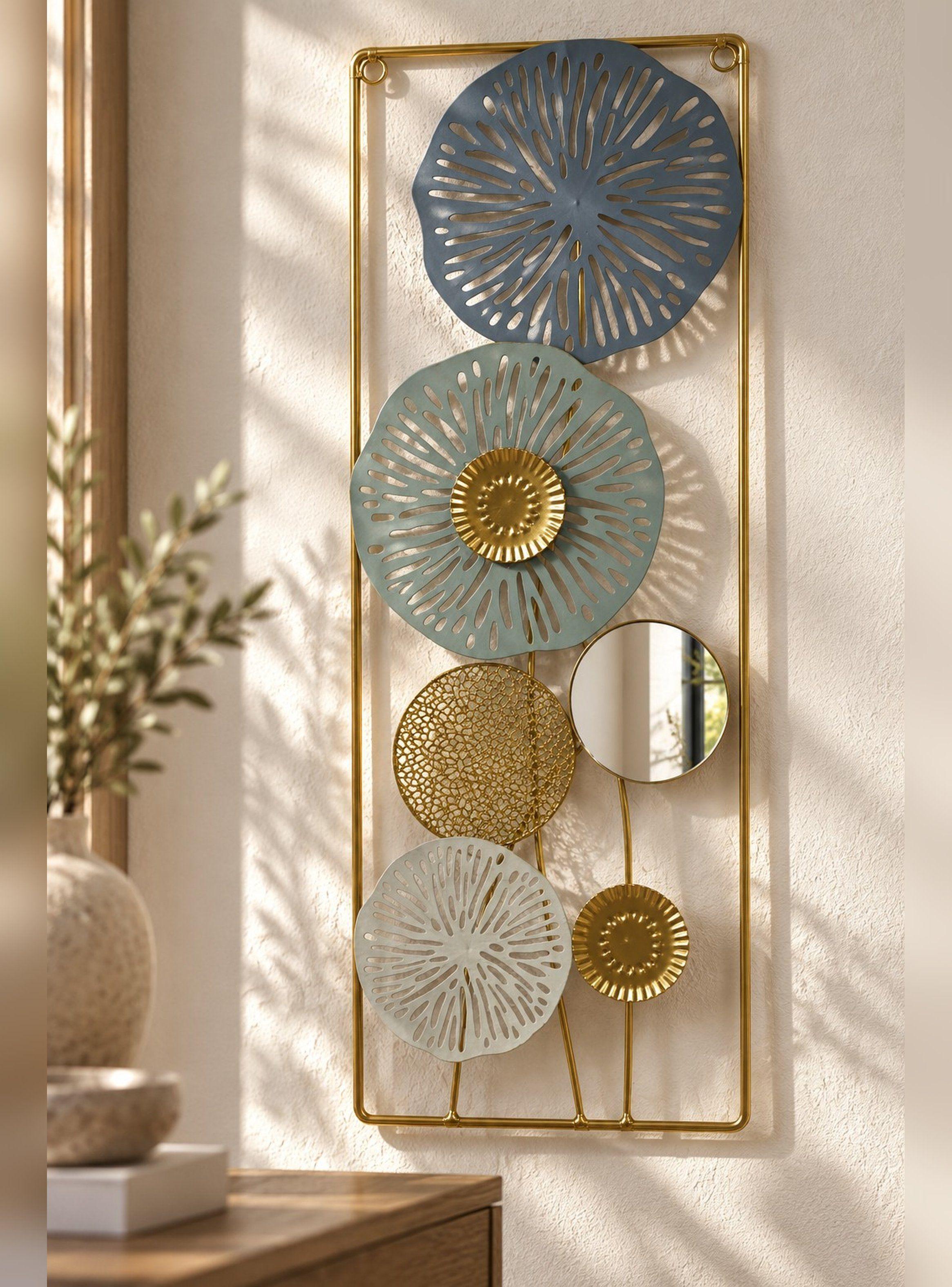 Cuadro Decorativo Pared con Espejo Floral Dorado Metal 60 cm-0
