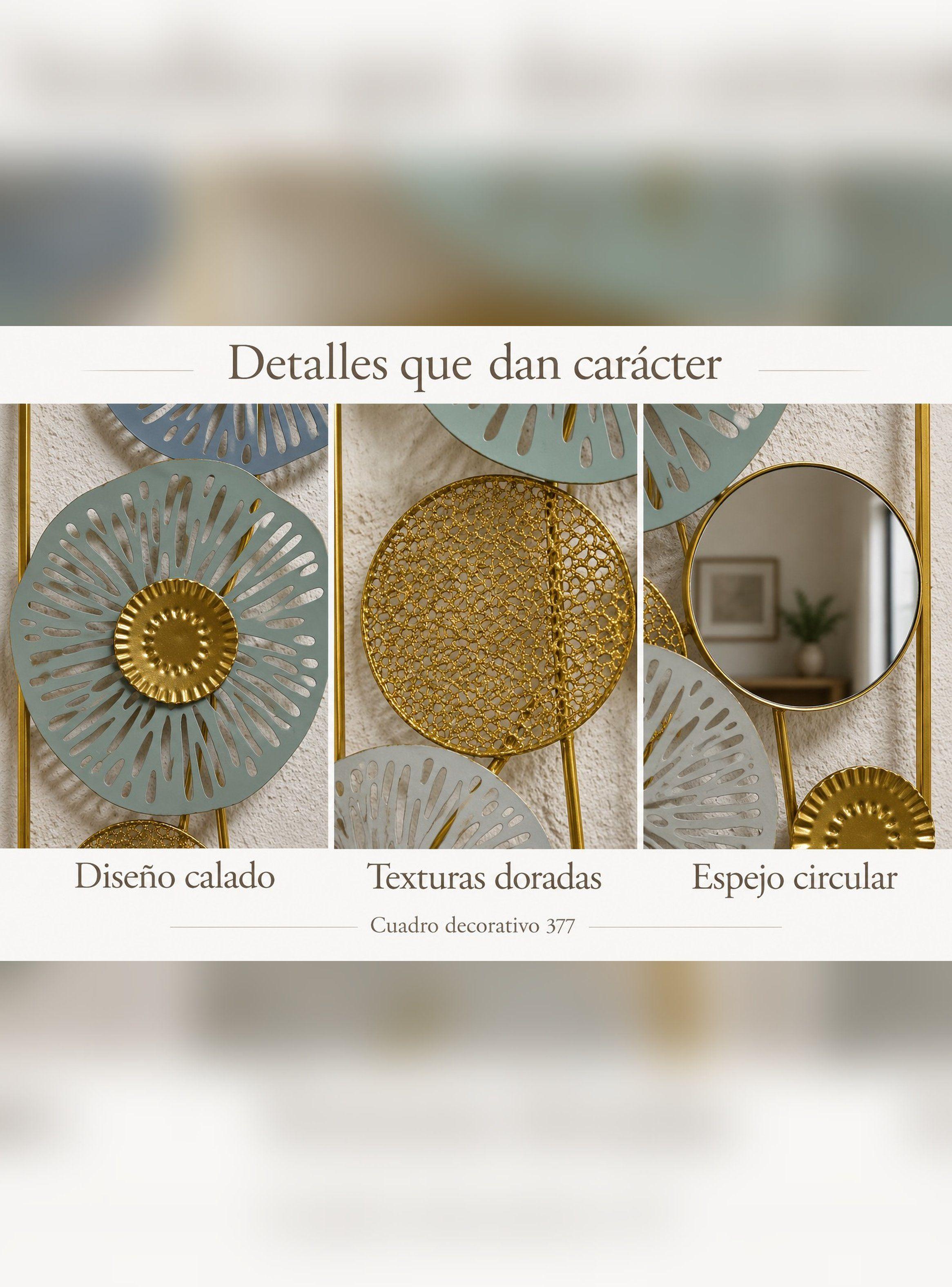 Cuadro Decorativo Pared con Espejo Floral Dorado Metal 60 cm-3