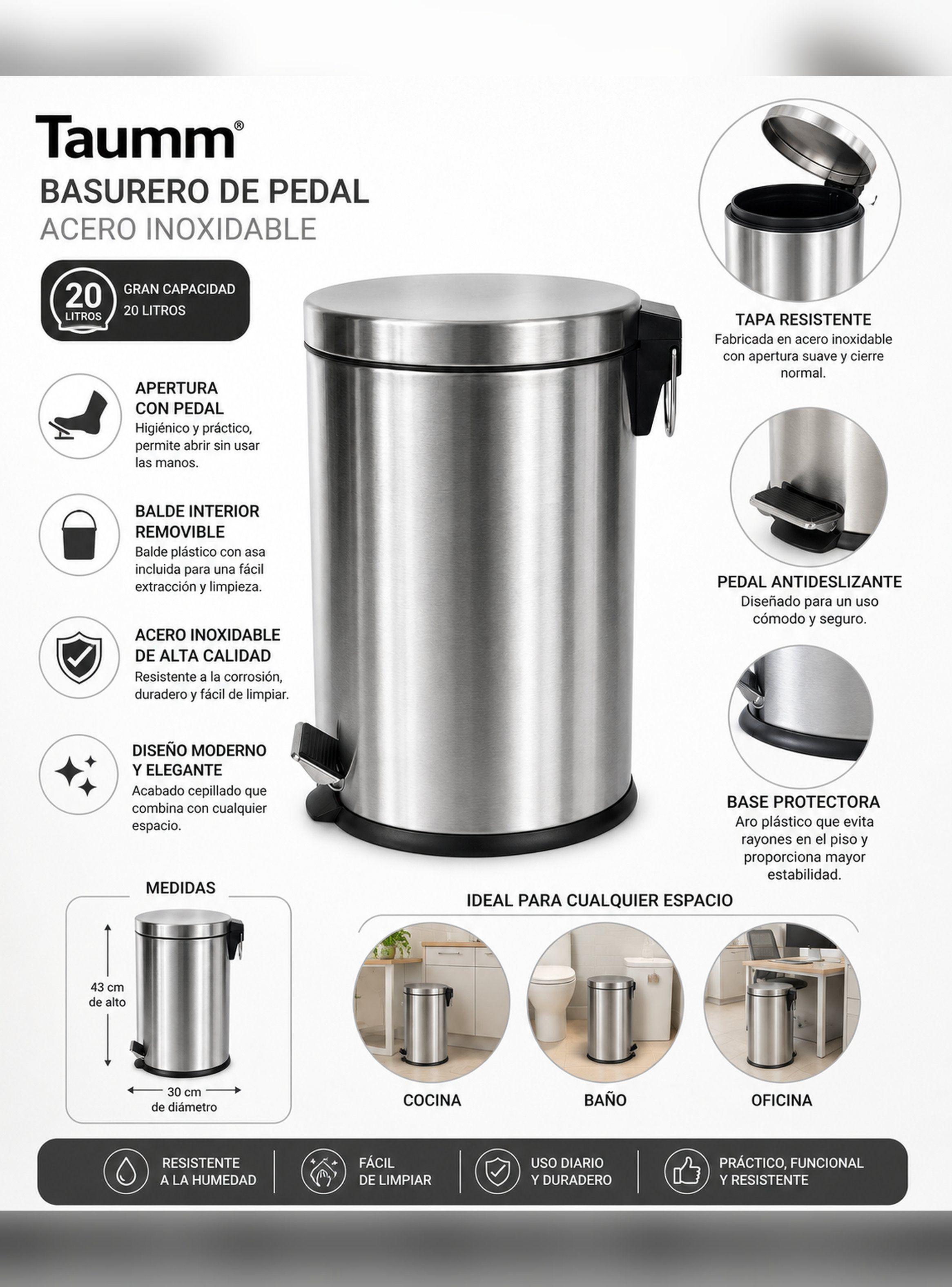 Basurero Pedal Acero Inoxidable 20 Litros Taumm Cromo-1
