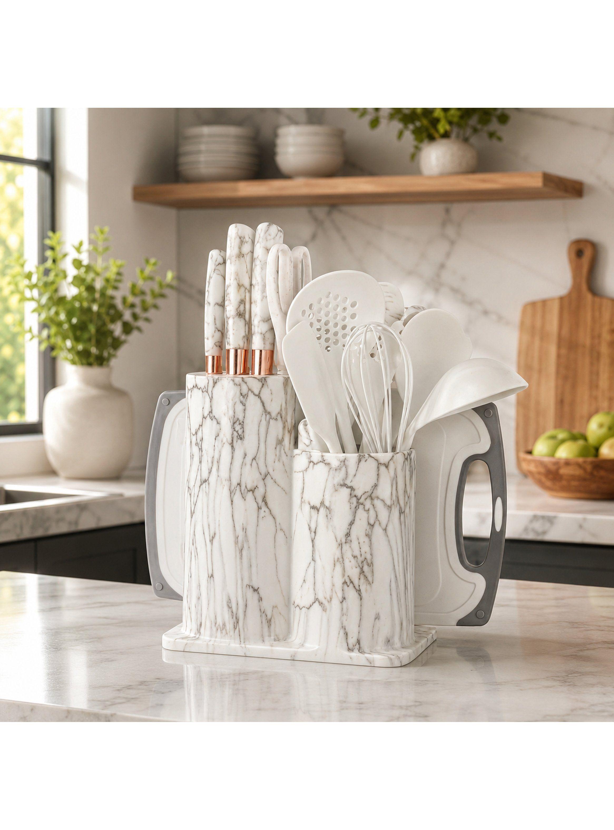 Set Utensilios De Cocina Marmoleado 25 Piezas Blanco Dorado-4