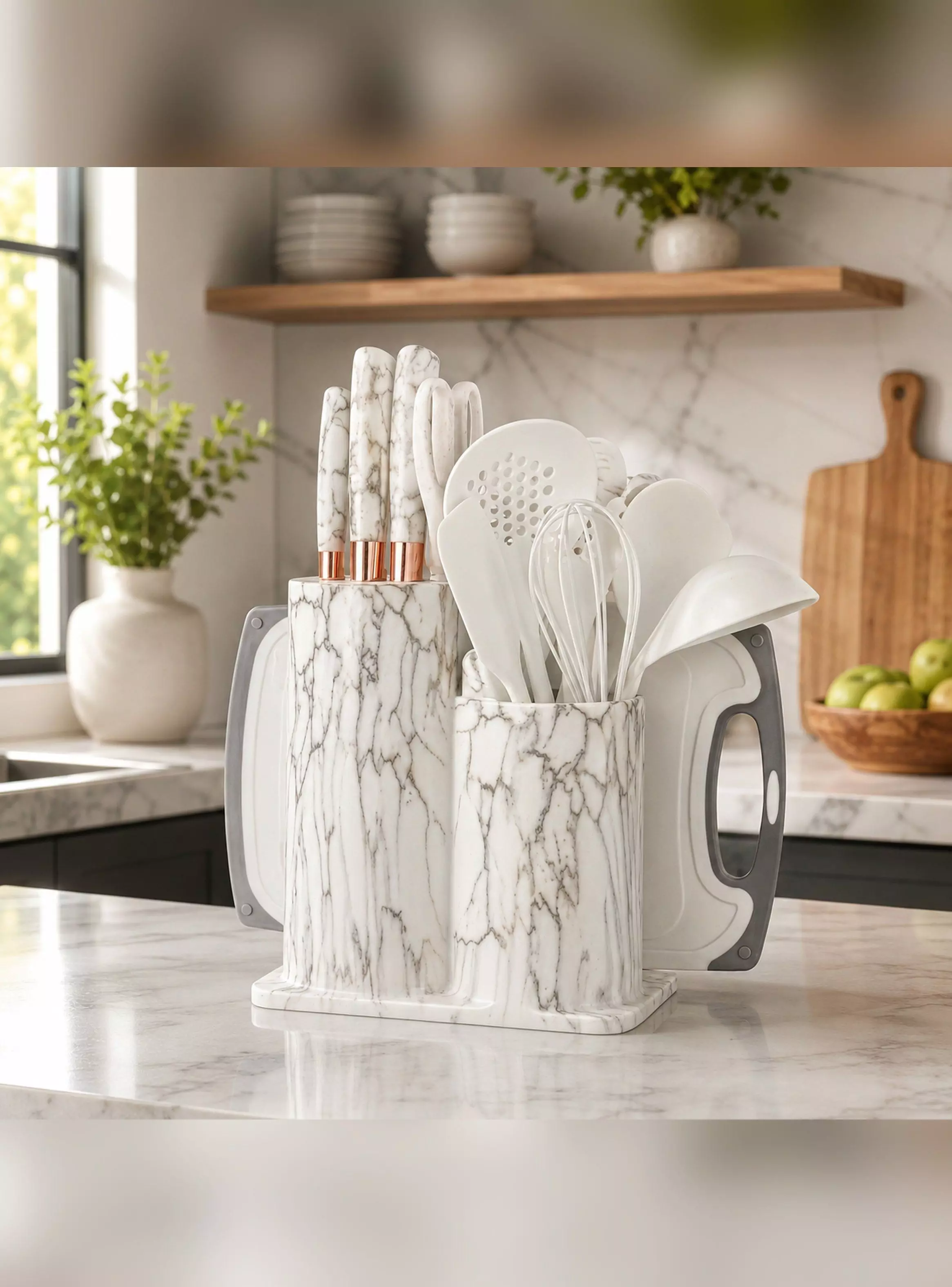 Set Utensilios De Cocina Marmoleado 25 Piezas Blanco Dorado-4