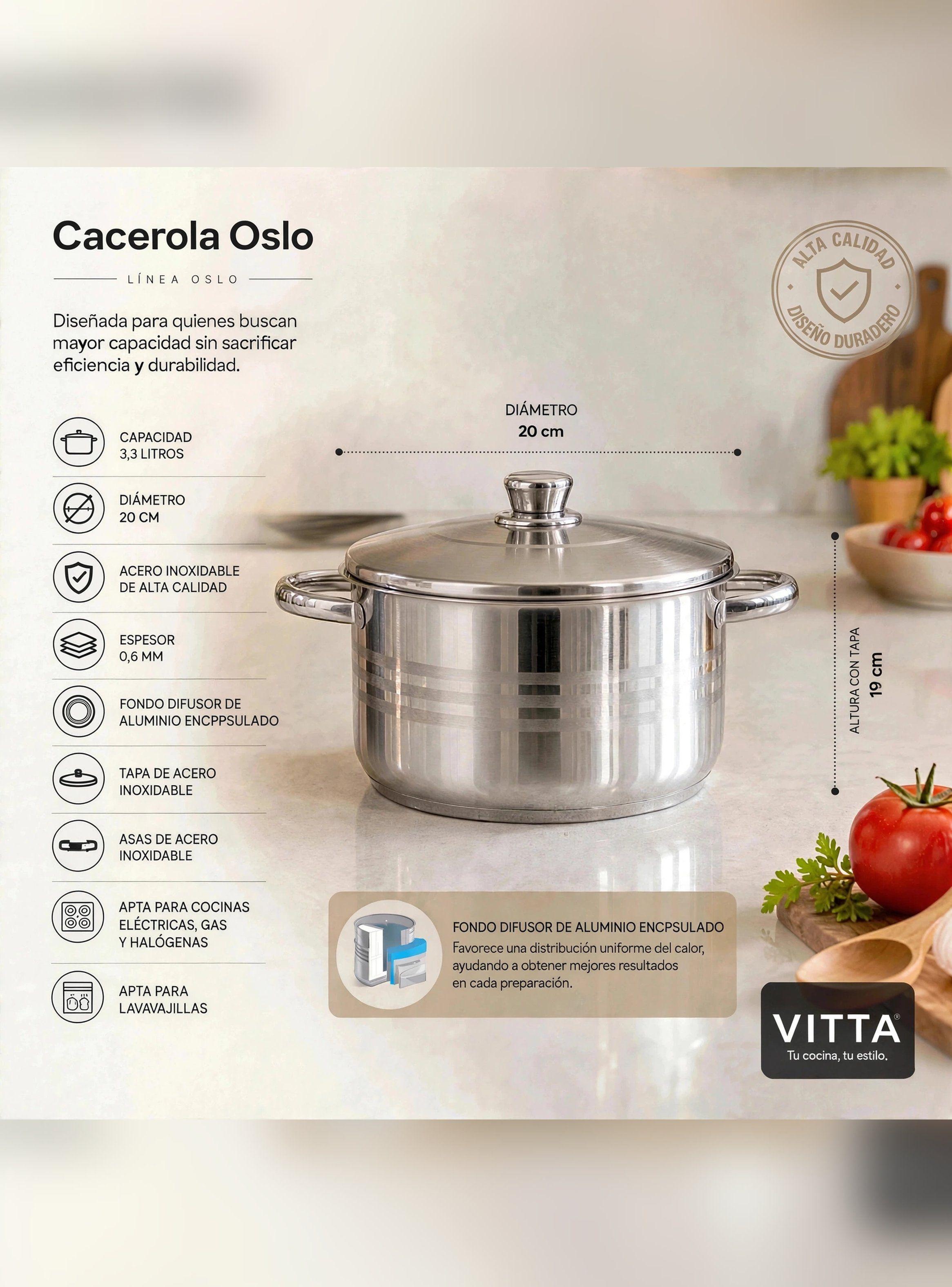 Cacerola Acero Inoxidable 20 Cm 3,3L 0.6 MM Oslo Marca Vitta-2