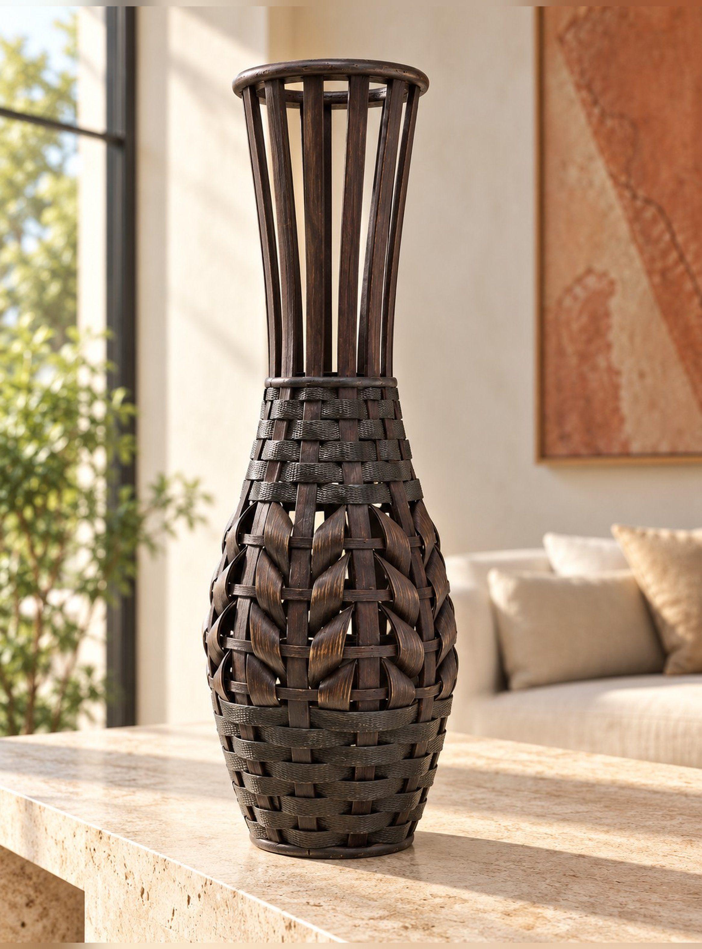 Florero Decorativo de Bambú Calado 60 cm Jarrón Alto Marrón-0