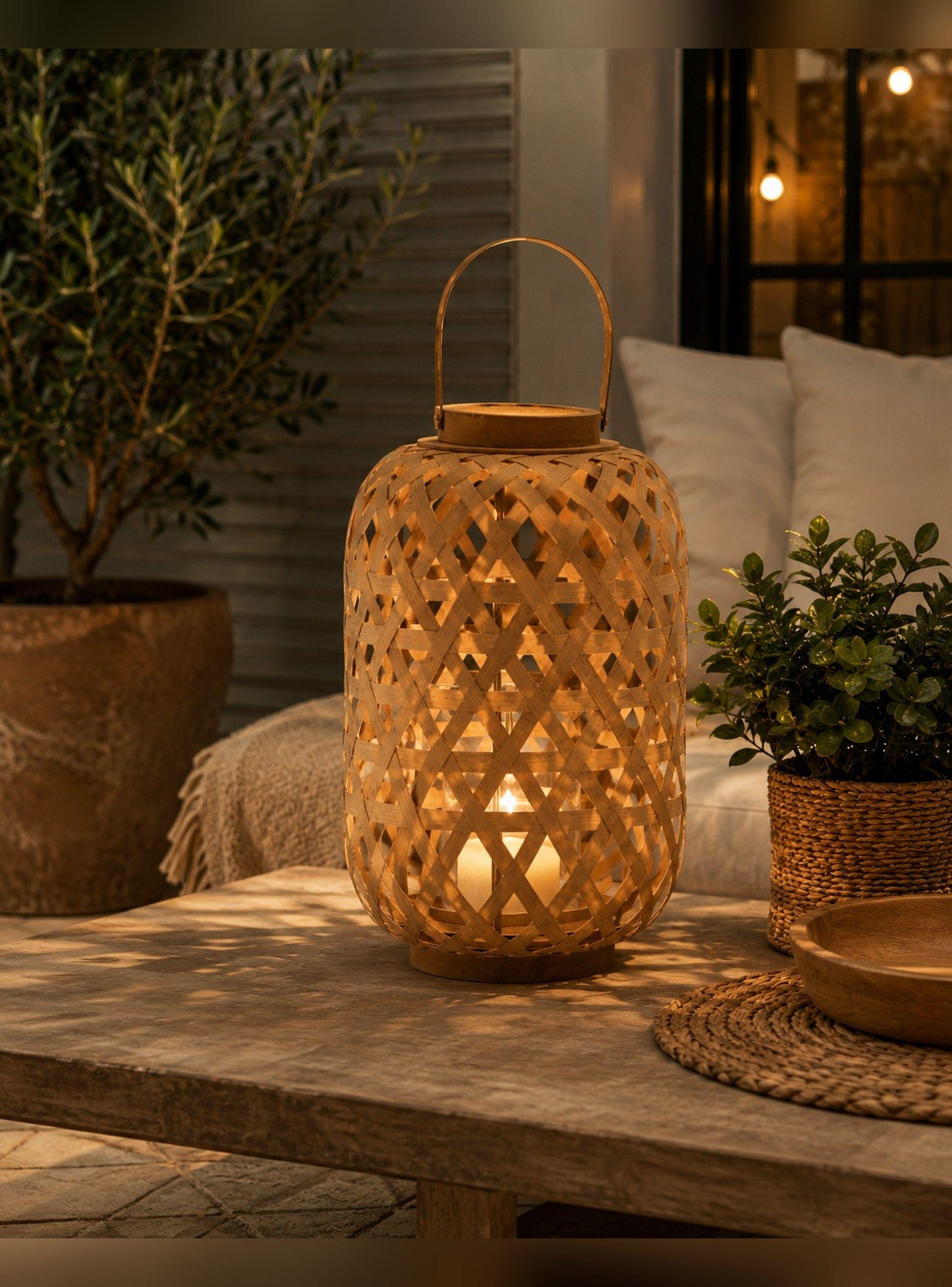 Farol Decorativo Cilíndrico Bambú Asa y Porta Velas 25 cm-2