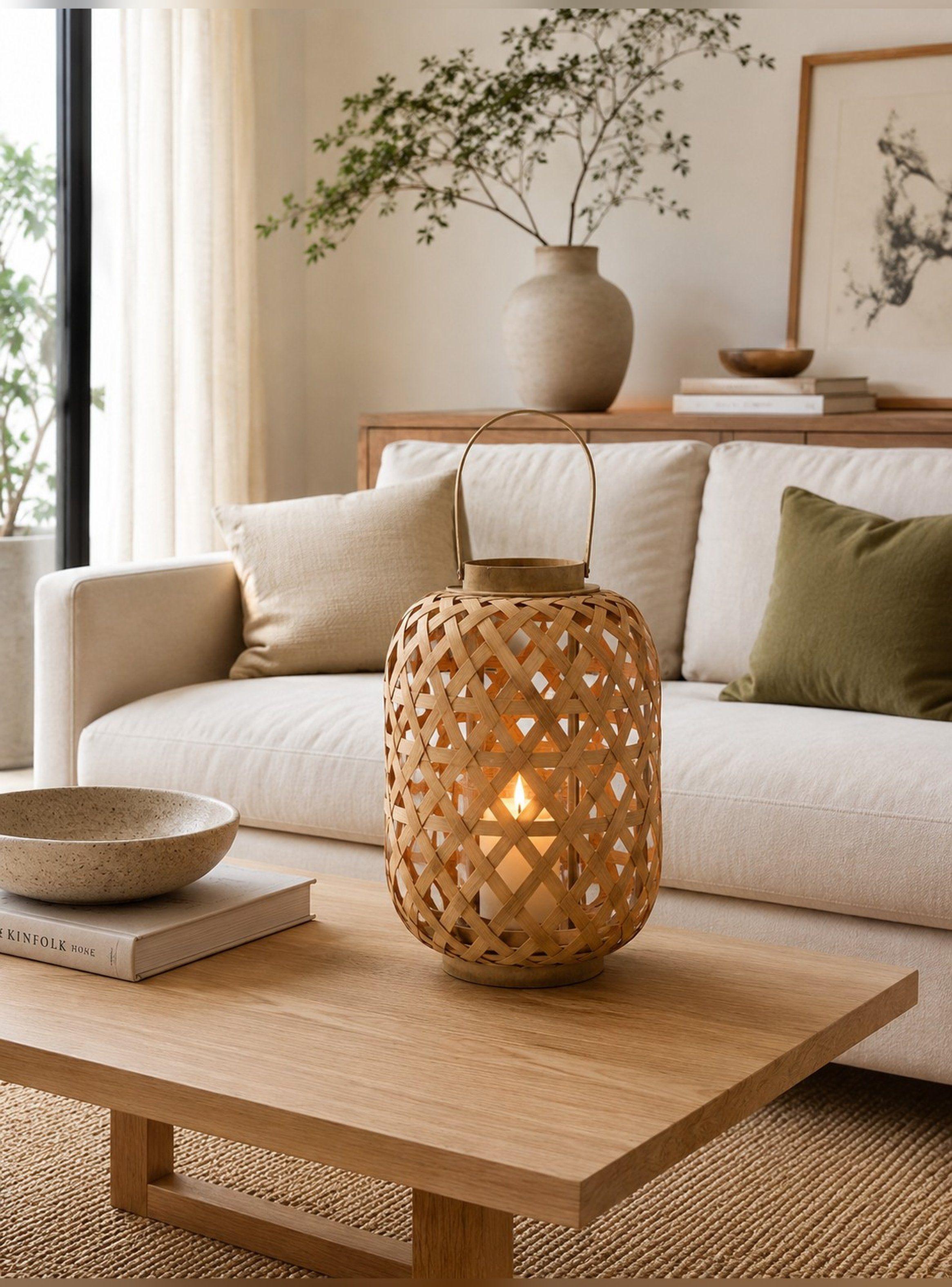 Farol Decorativo Cilíndrico Bambú Asa y Porta Velas 25 cm-3