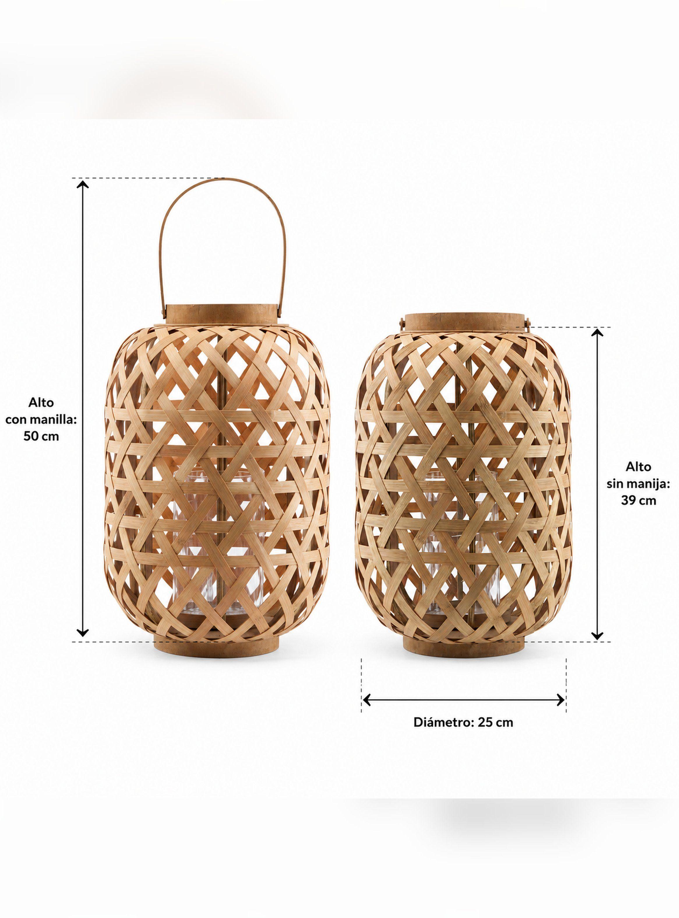 Farol Decorativo Cilíndrico Bambú Asa y Porta Velas 25 cm-9