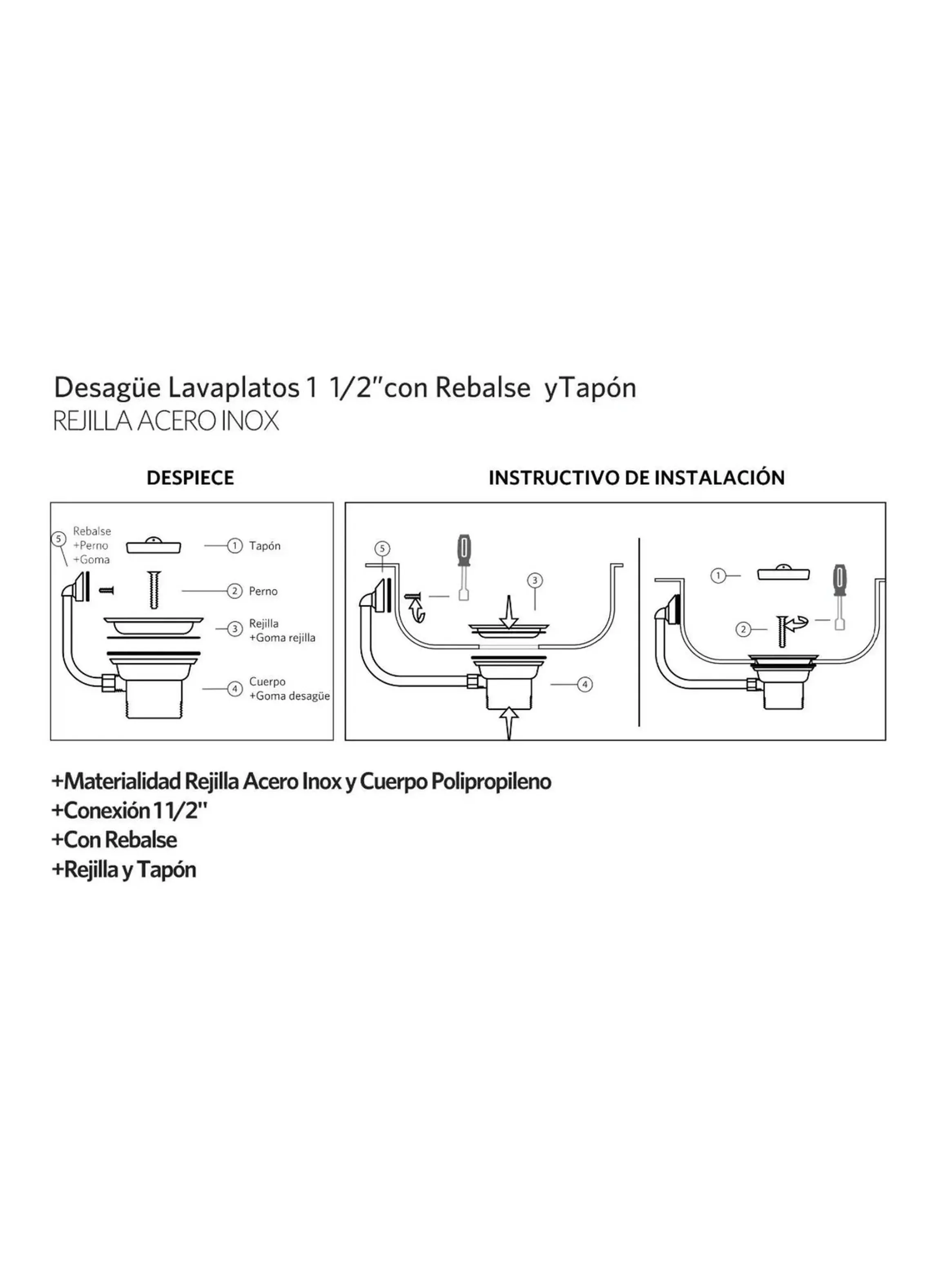Desague lavaplatos 1 1/2" con rebalse y tapon Marca Stretto-5