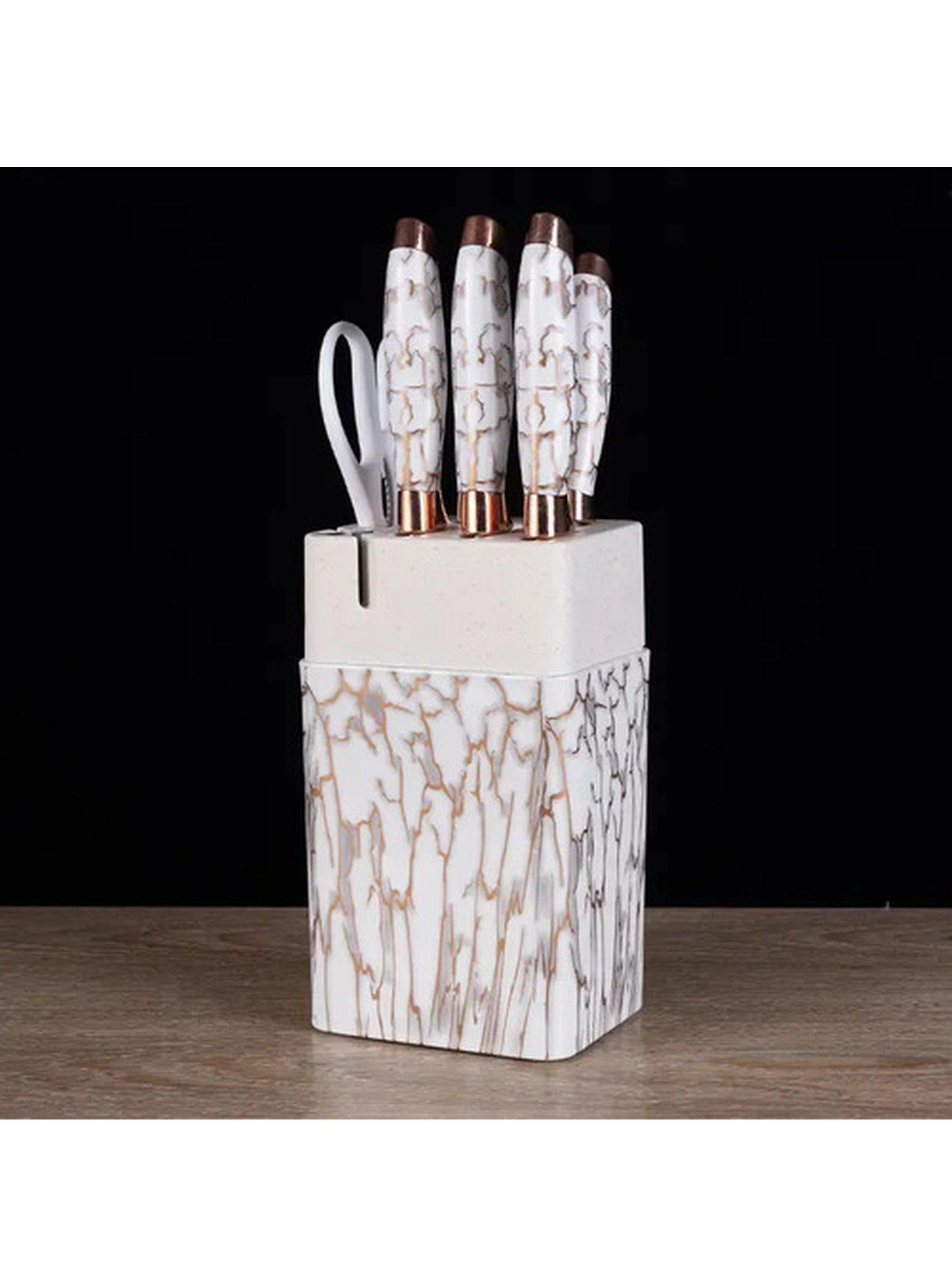 Set Cuchillos Cocina Marble Lux Blanco Dorado 7 Piezas Acero-2