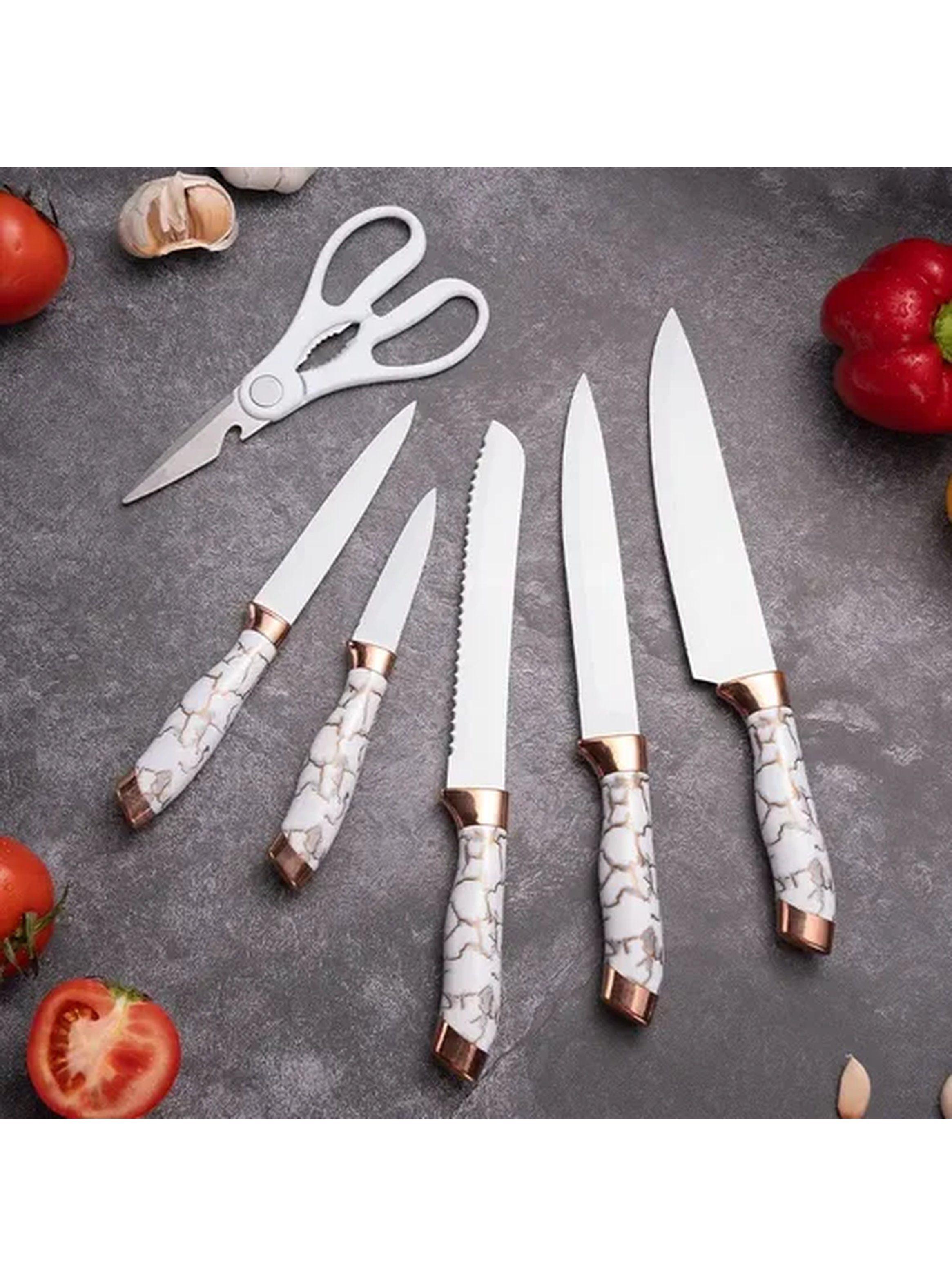 Set Cuchillos Cocina Marble Lux Blanco Dorado 7 Piezas Acero-3