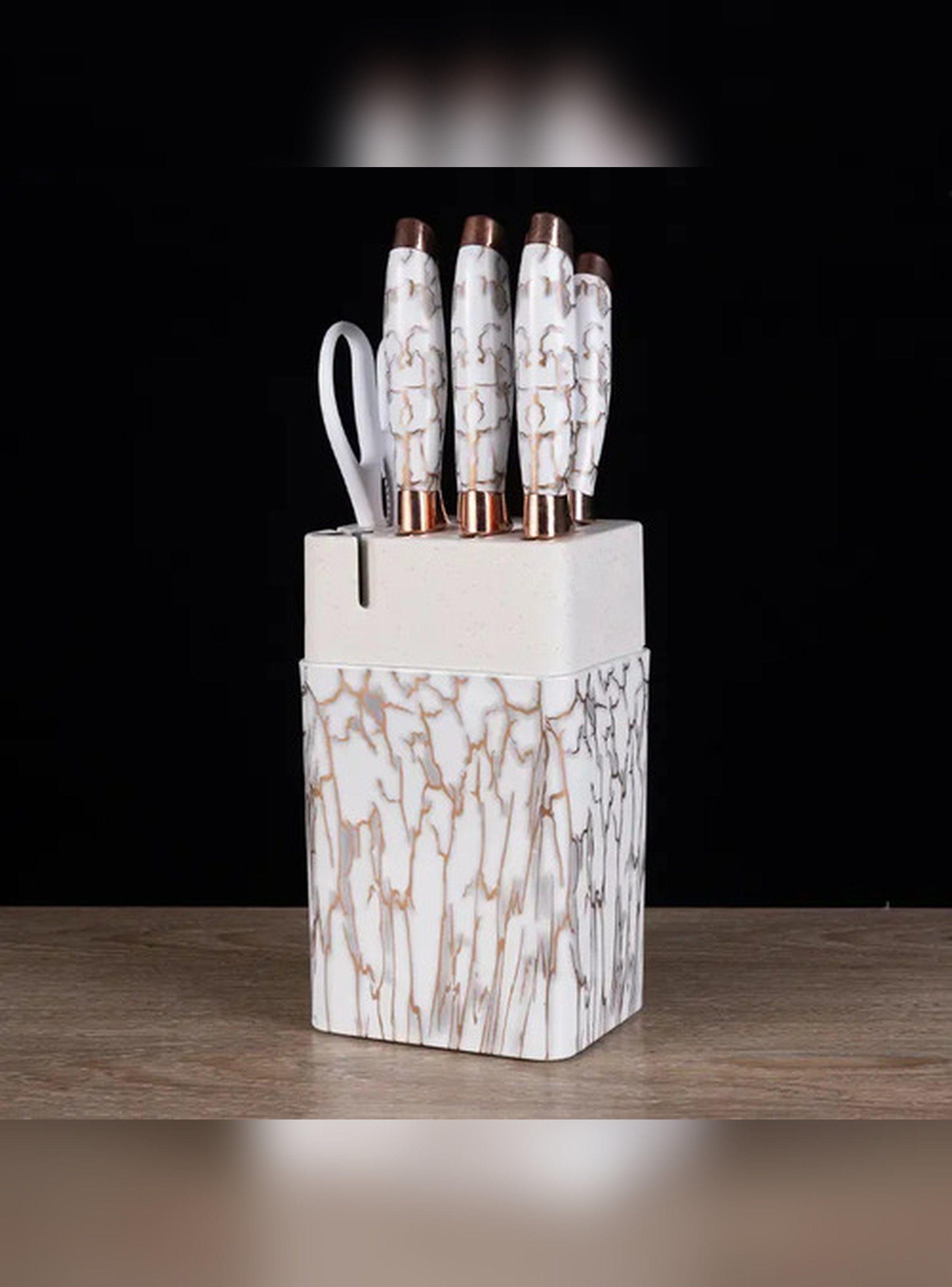 Set Cuchillos Cocina Marble Lux Blanco Dorado 7 Piezas Acero-2