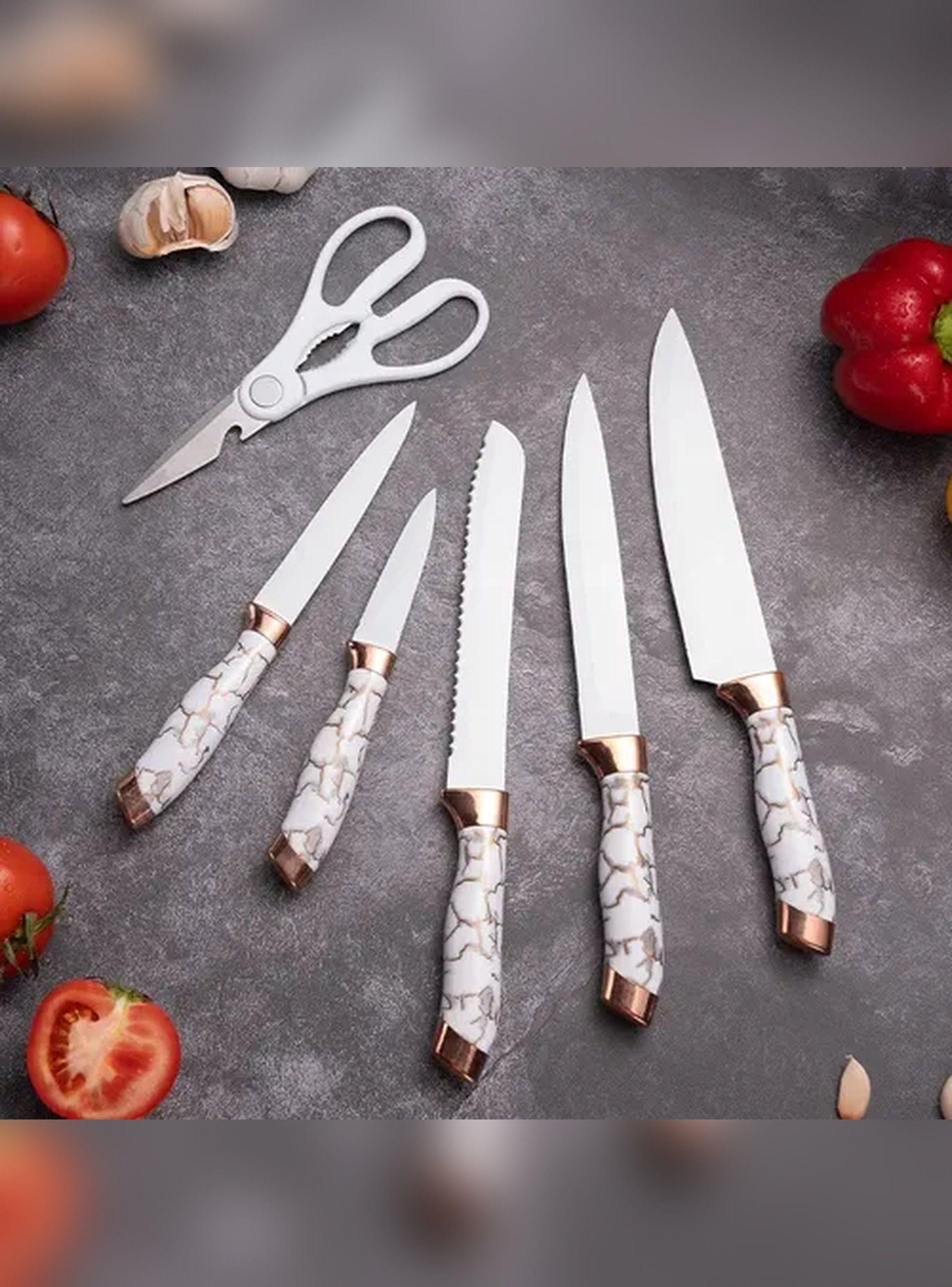 Set Cuchillos Cocina Marble Lux Blanco Dorado 7 Piezas Acero-3