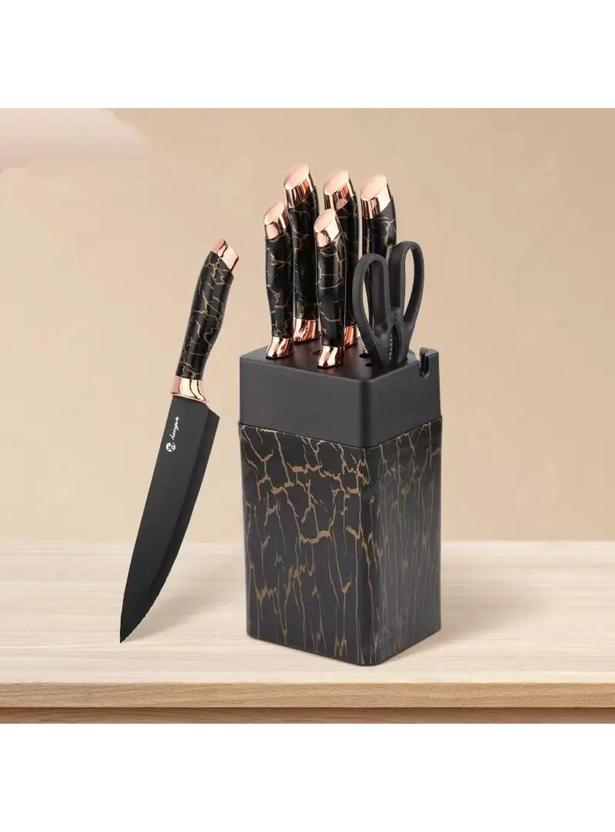 Set Cuchillos Acero Inoxidable Bloque Mármoleado Negro-5