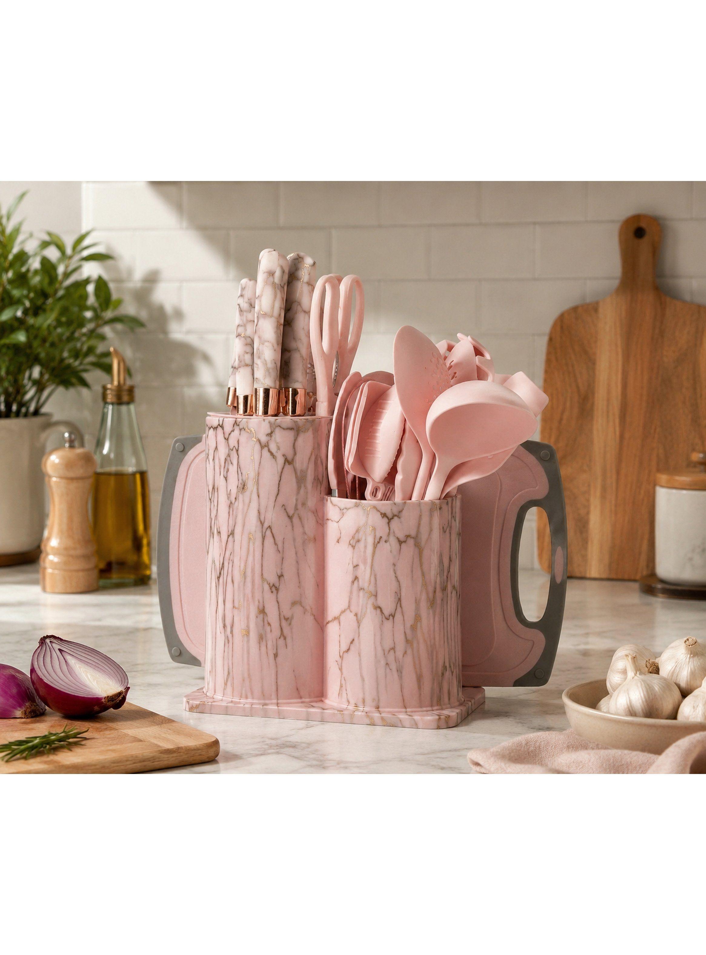 Set Utensilios Cocina Marmoleado Rosa Dorado 25 Piezas-6