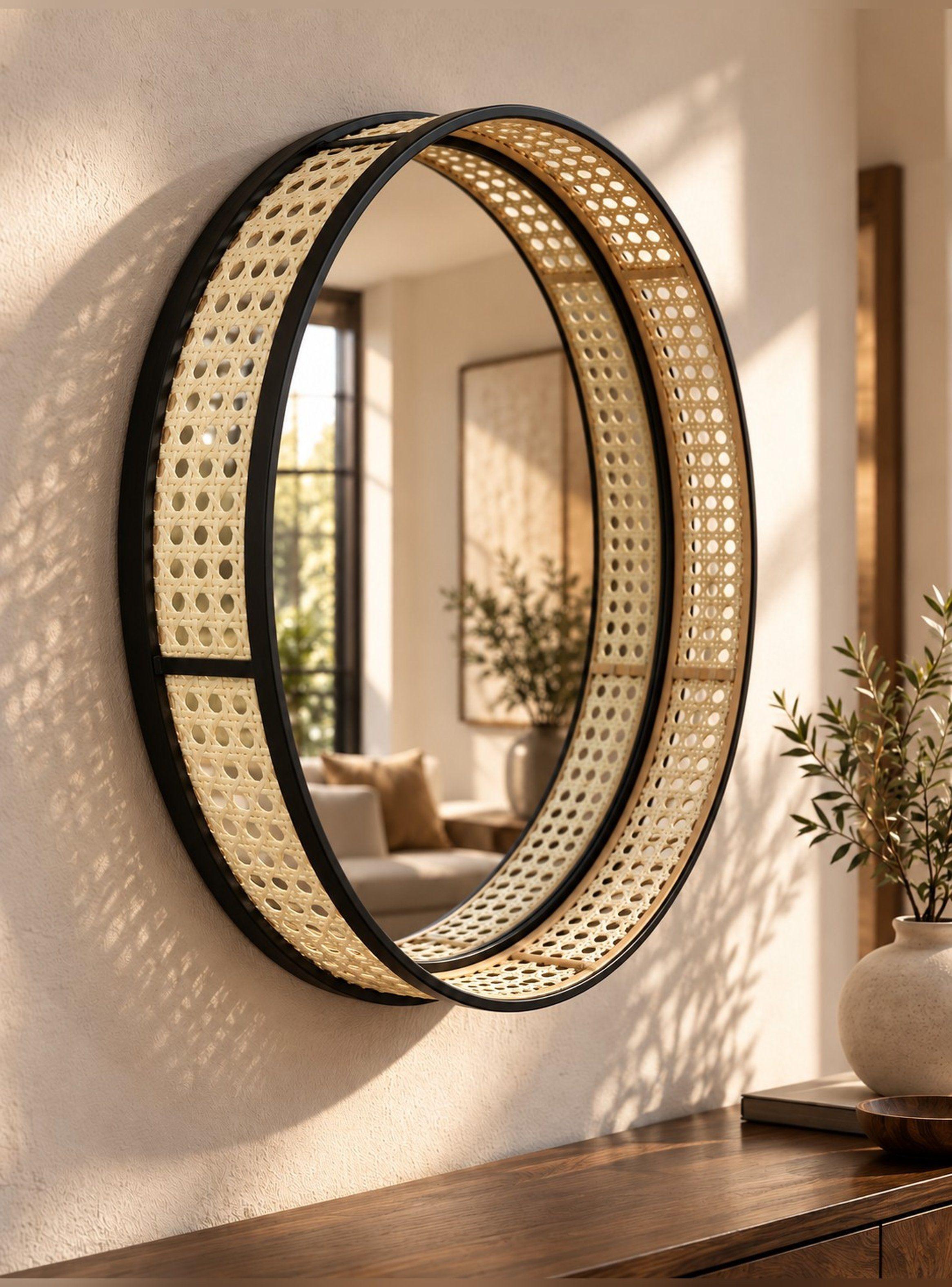 Espejo Circular de Pared Ratán Sintético Metal Negro 45 cm-0