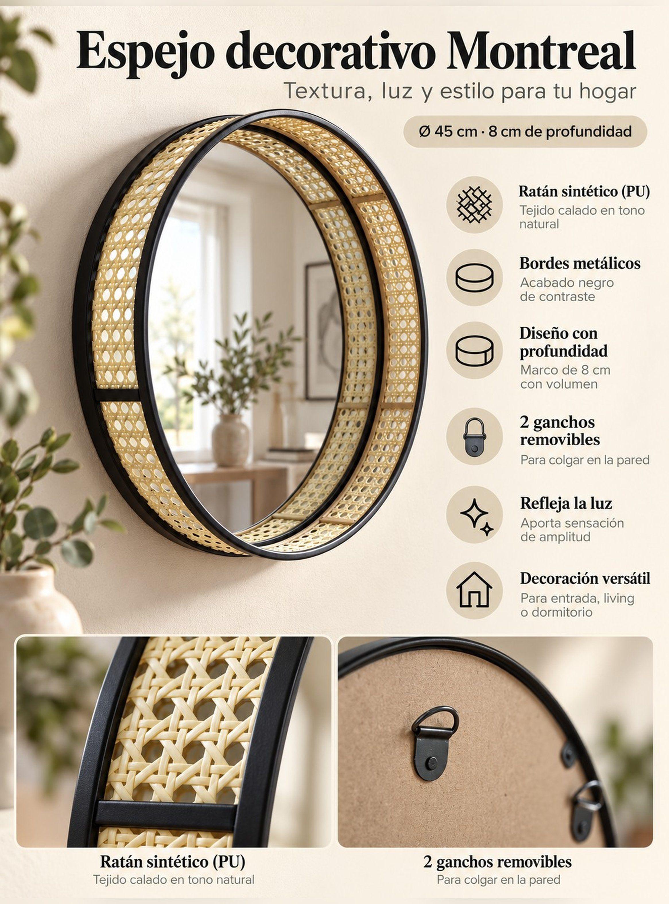 Espejo Circular de Pared Ratán Sintético Metal Negro 45 cm-1