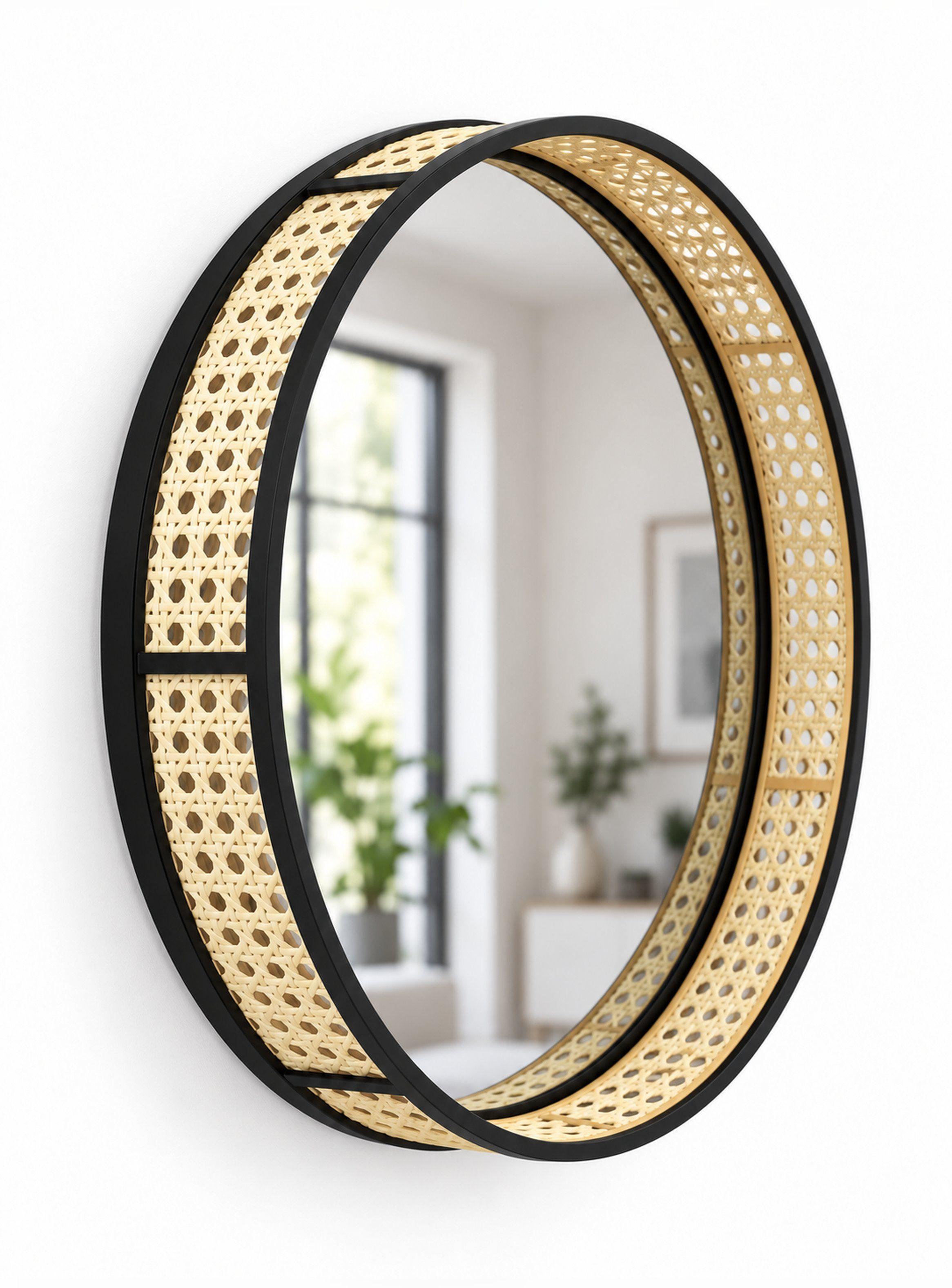 Espejo Circular de Pared Ratán Sintético Metal Negro 45 cm-2
