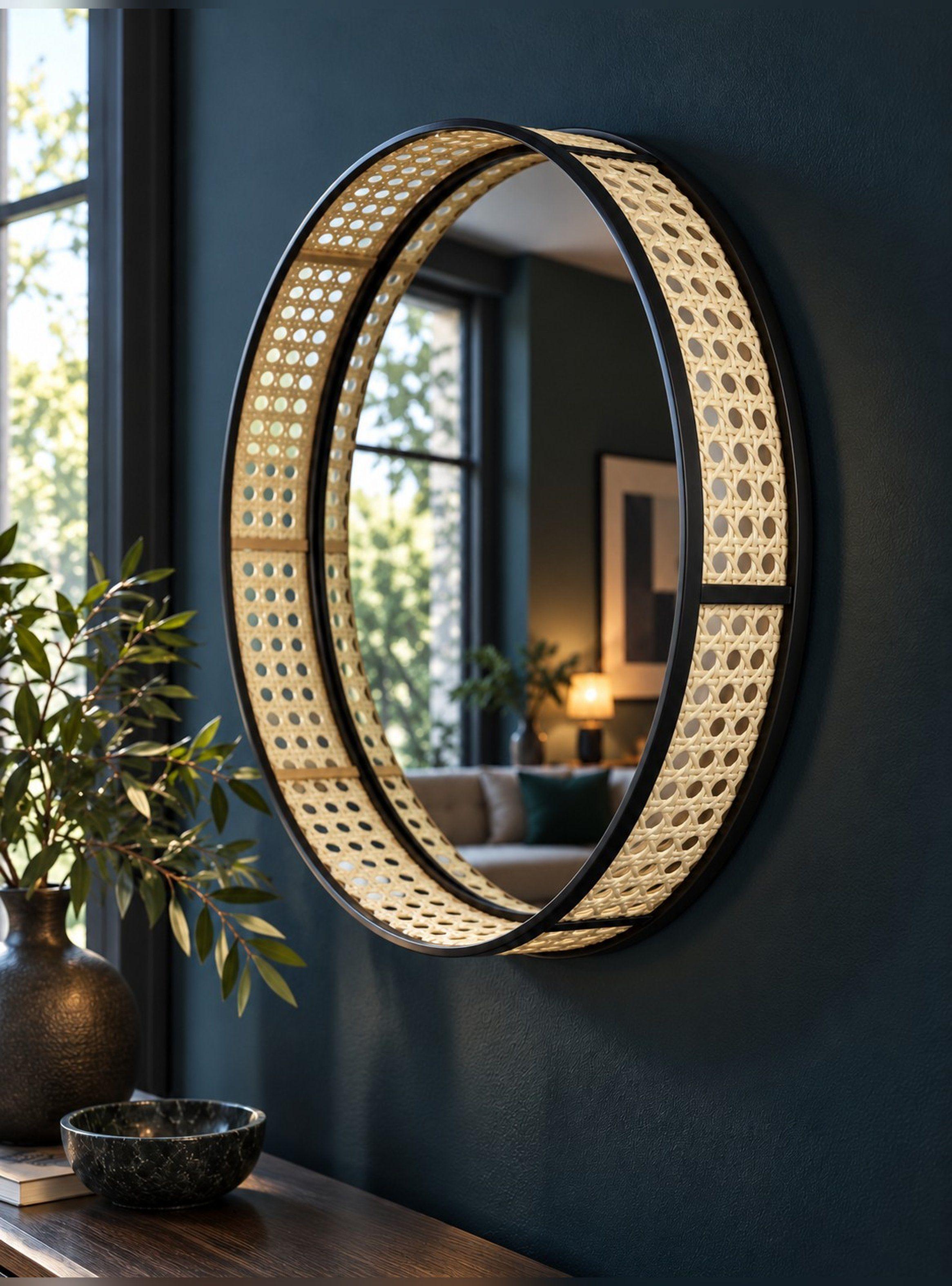 Espejo Circular de Pared Ratán Sintético Metal Negro 45 cm-3
