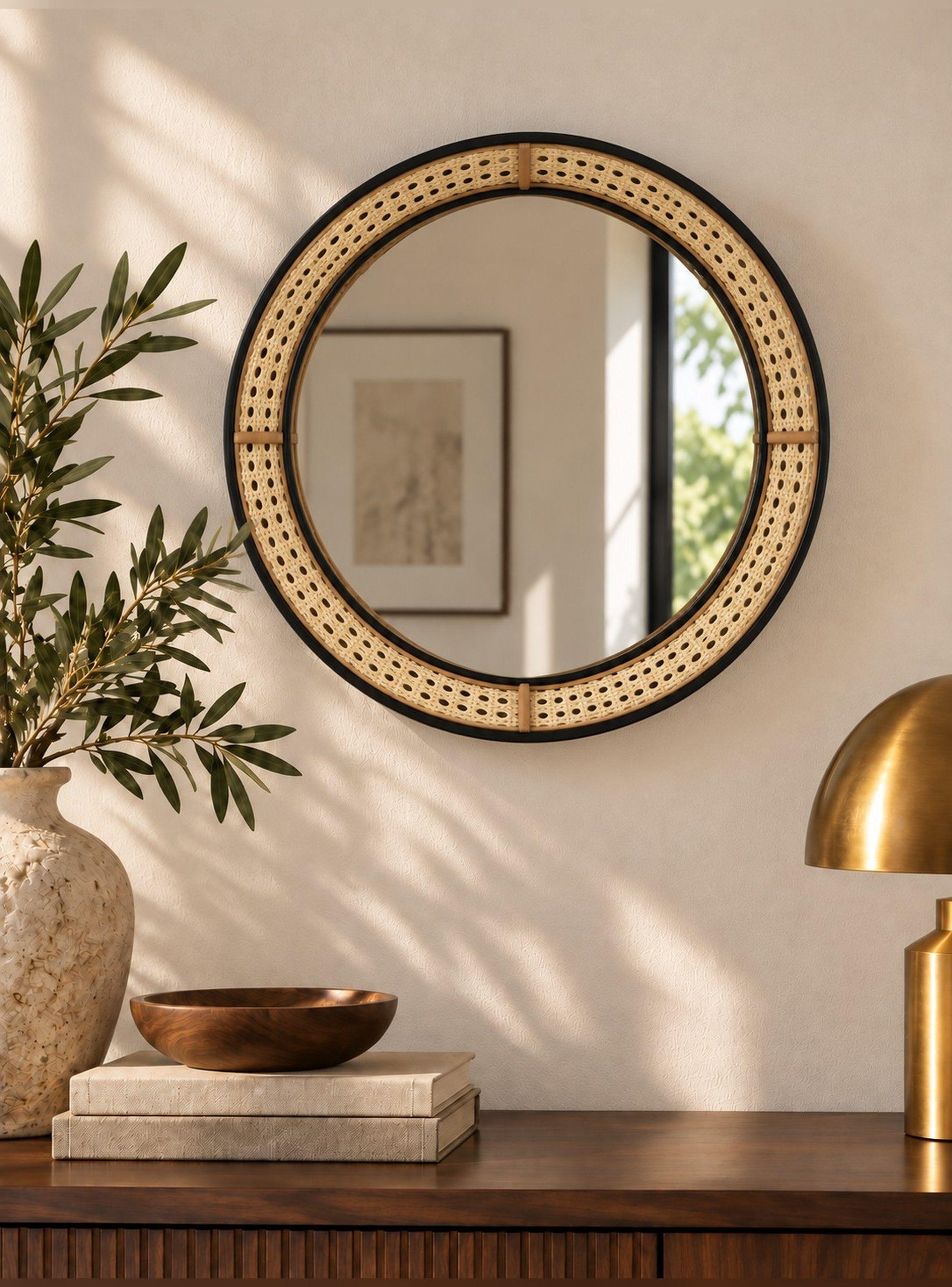 Espejo Circular de Pared Ratán Sintético Metal Negro 45 cm-4