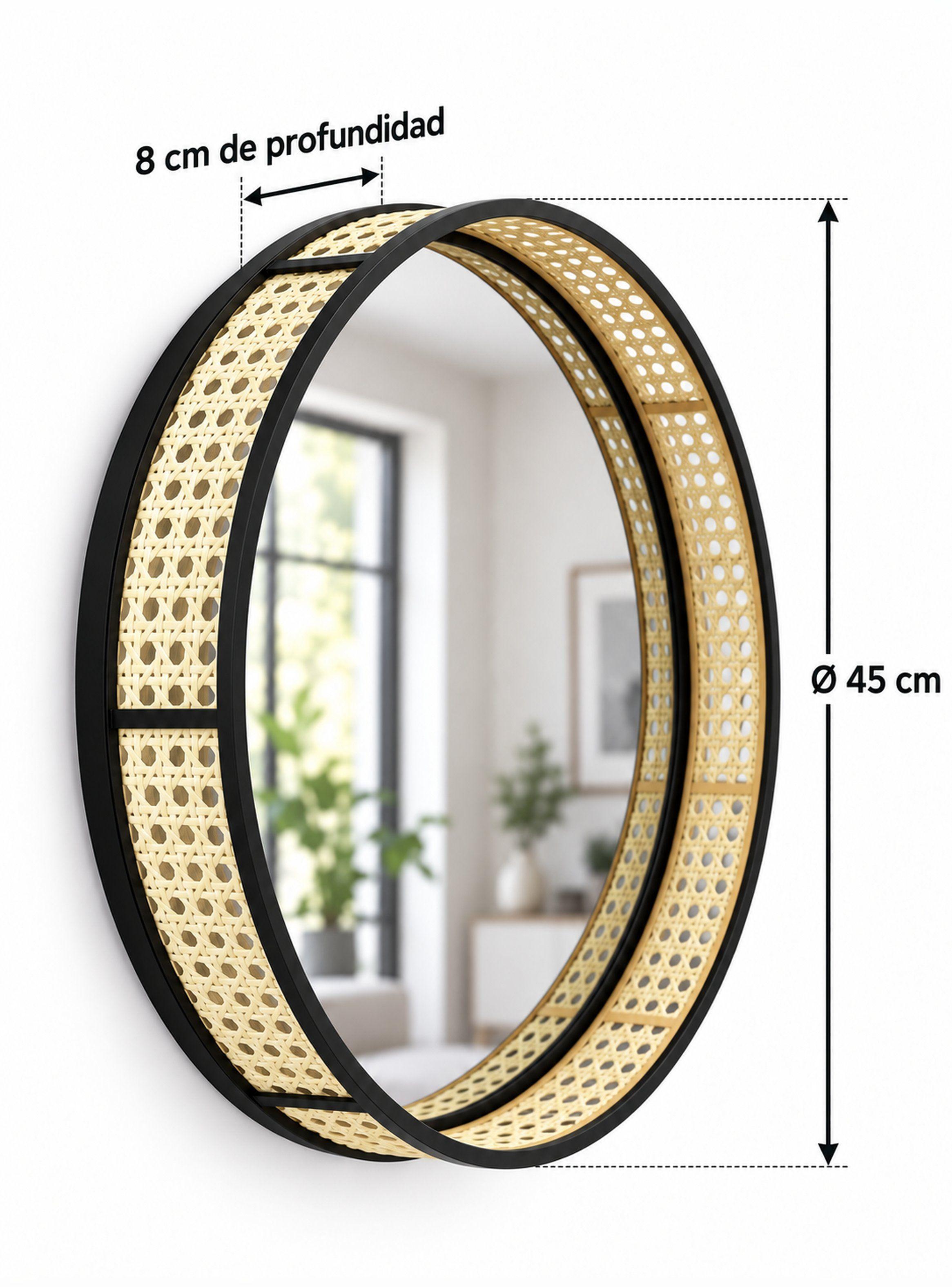 Espejo Circular de Pared Ratán Sintético Metal Negro 45 cm-7
