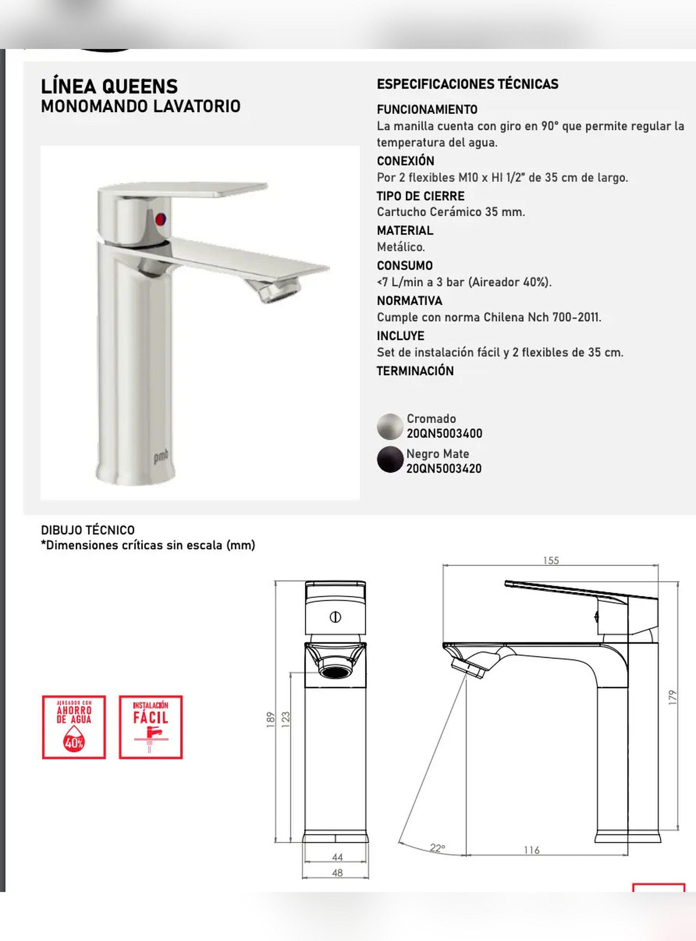 Monomando Llave Grifo Lavamanos Modelo Queens Marca PMB-6
