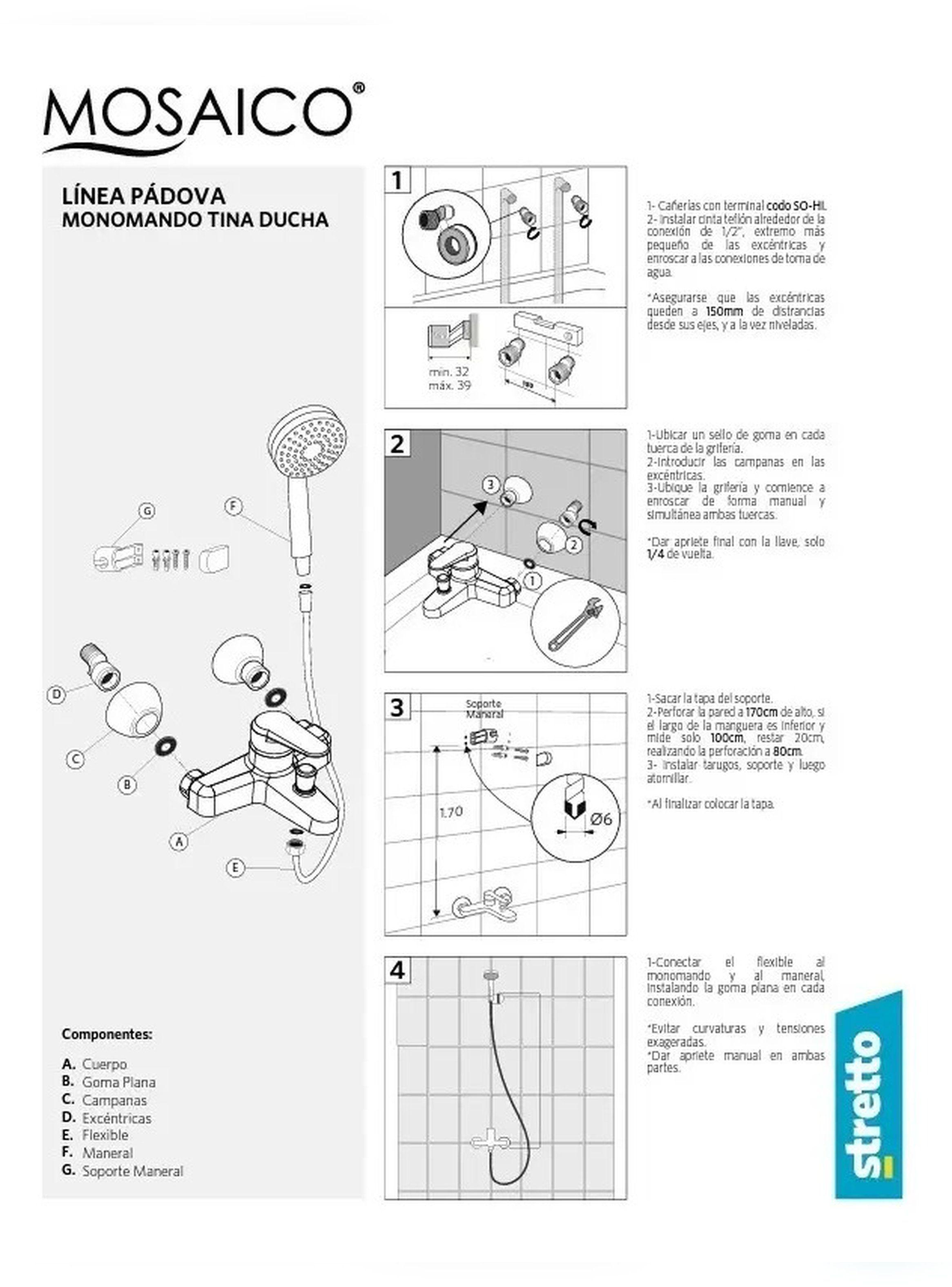 Monomando Llave Grifo Tina Ducha Modelo Padova Marca Stretto-3
