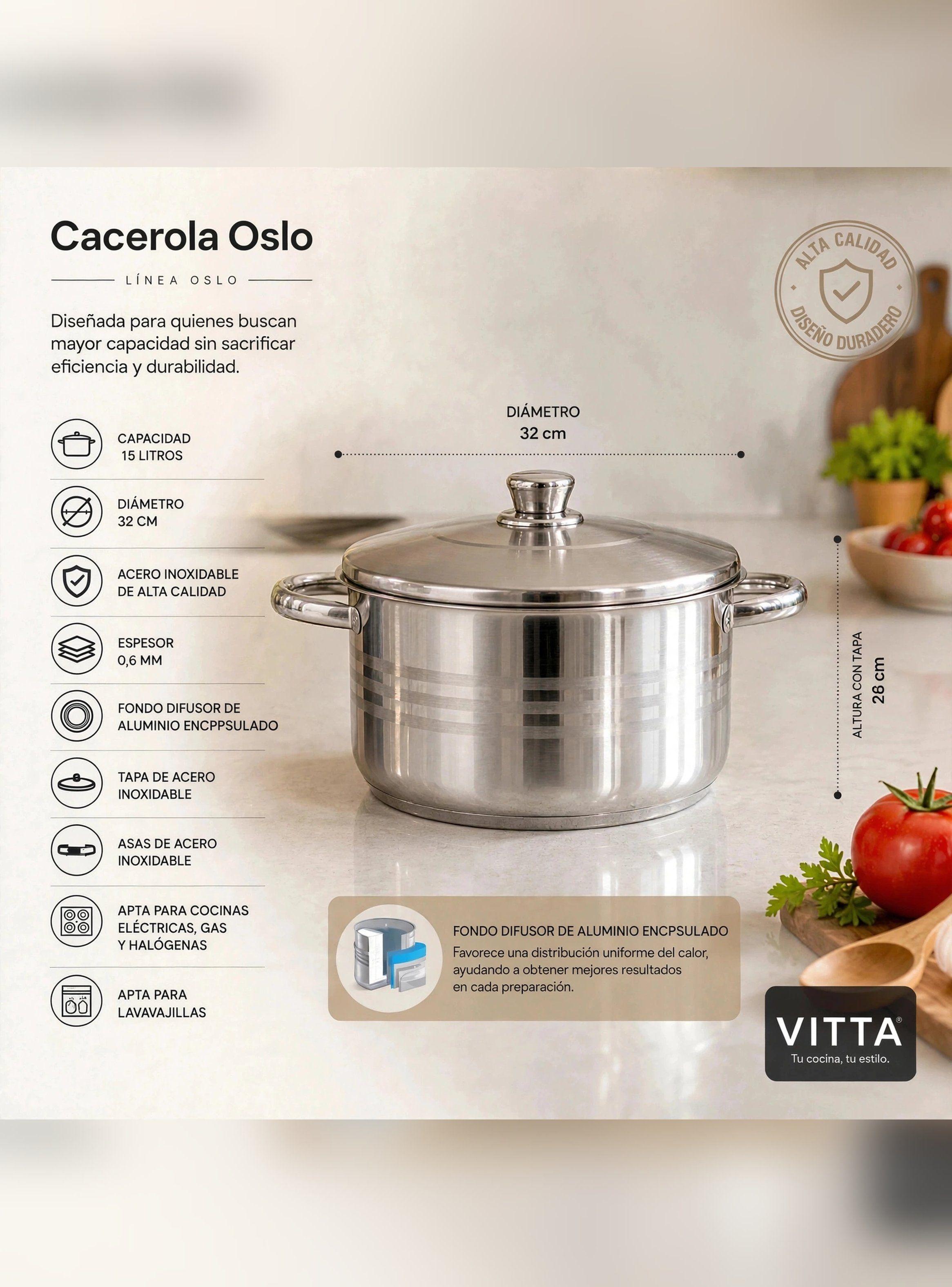 Cacerola Acero Inoxidable 32 Cm 15L 0.6 MM Oslo Marca Vitta-7